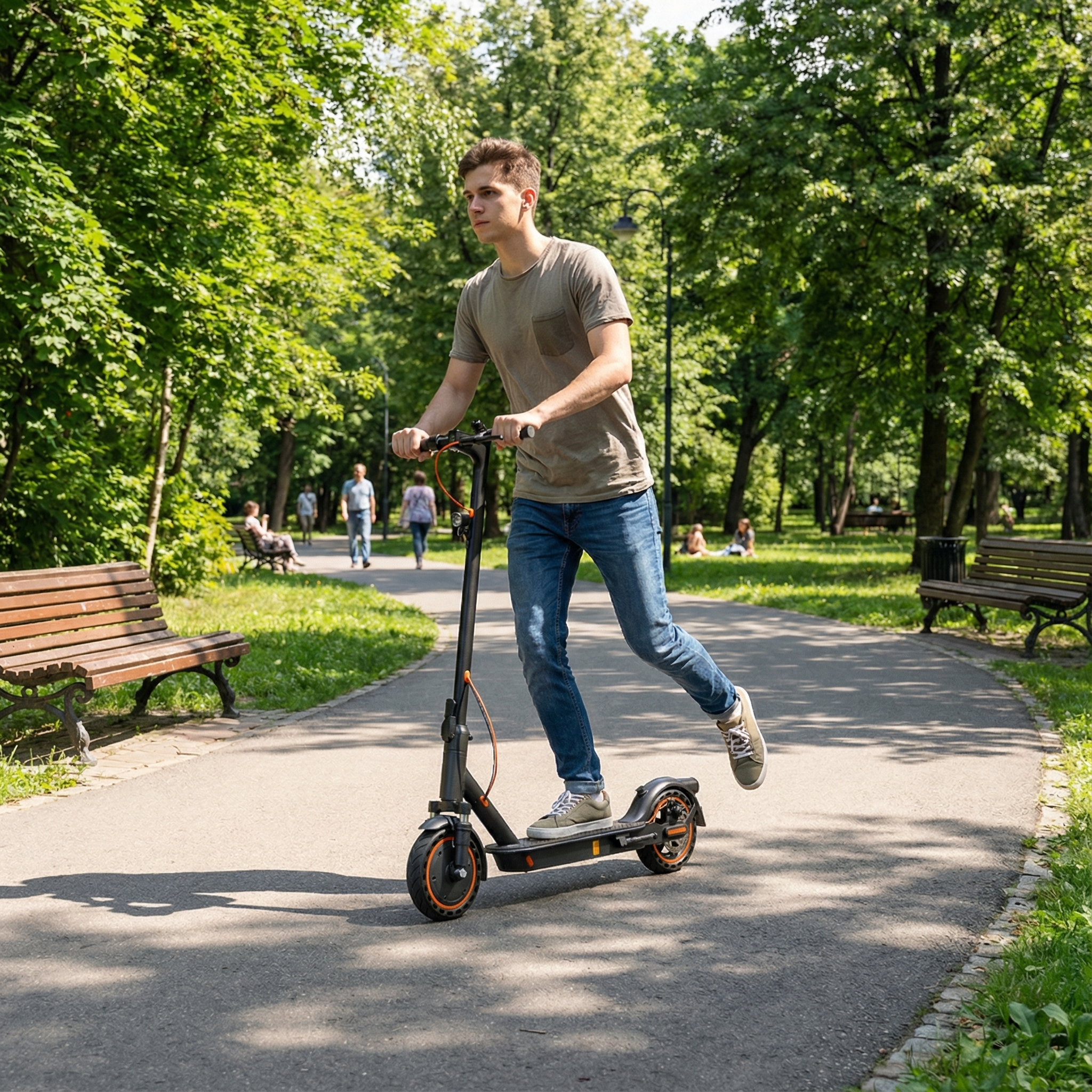Ein junger Mann fährt mit einem E-Scooter auf einem Parkweg.