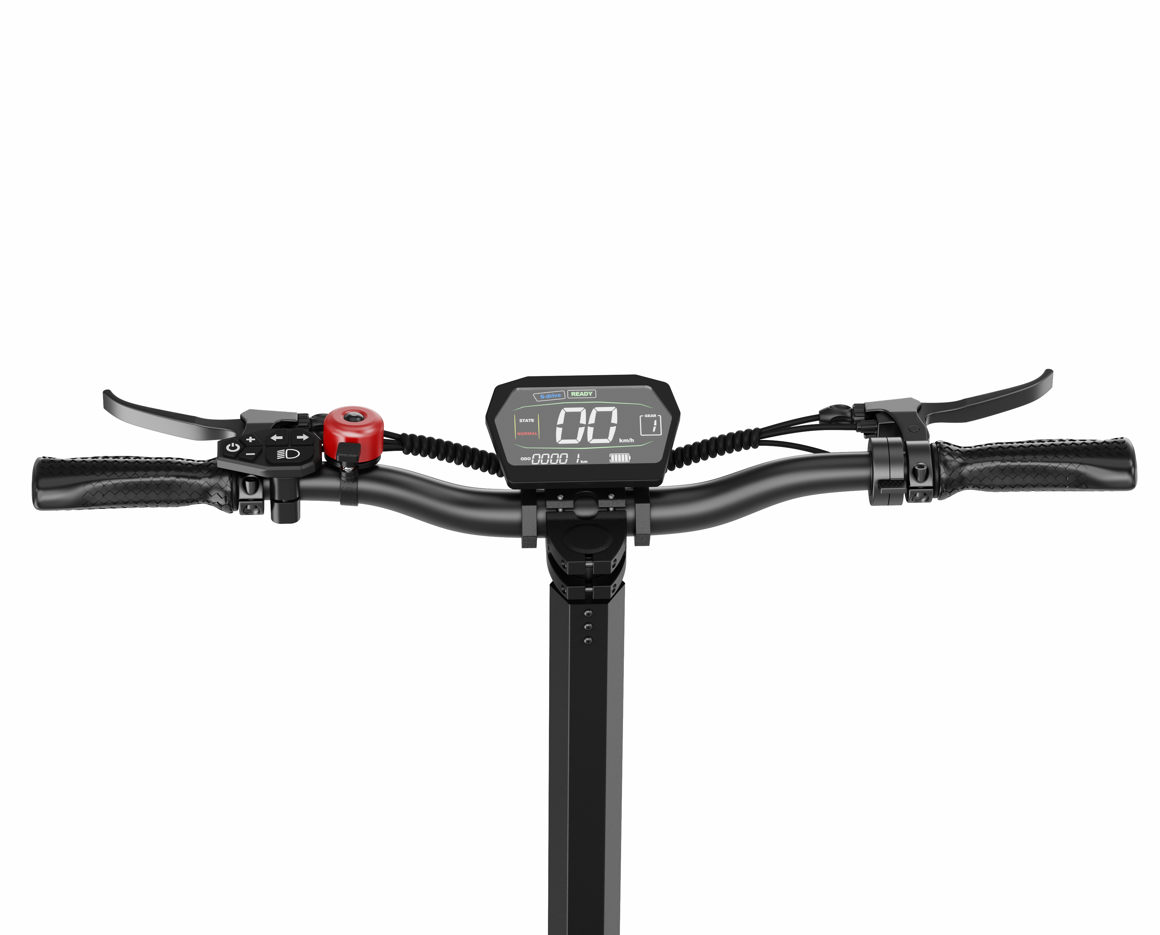 Lenker eines Elektrorollers mit Display, Griffen, Bremshebeln und roter Klingel.
