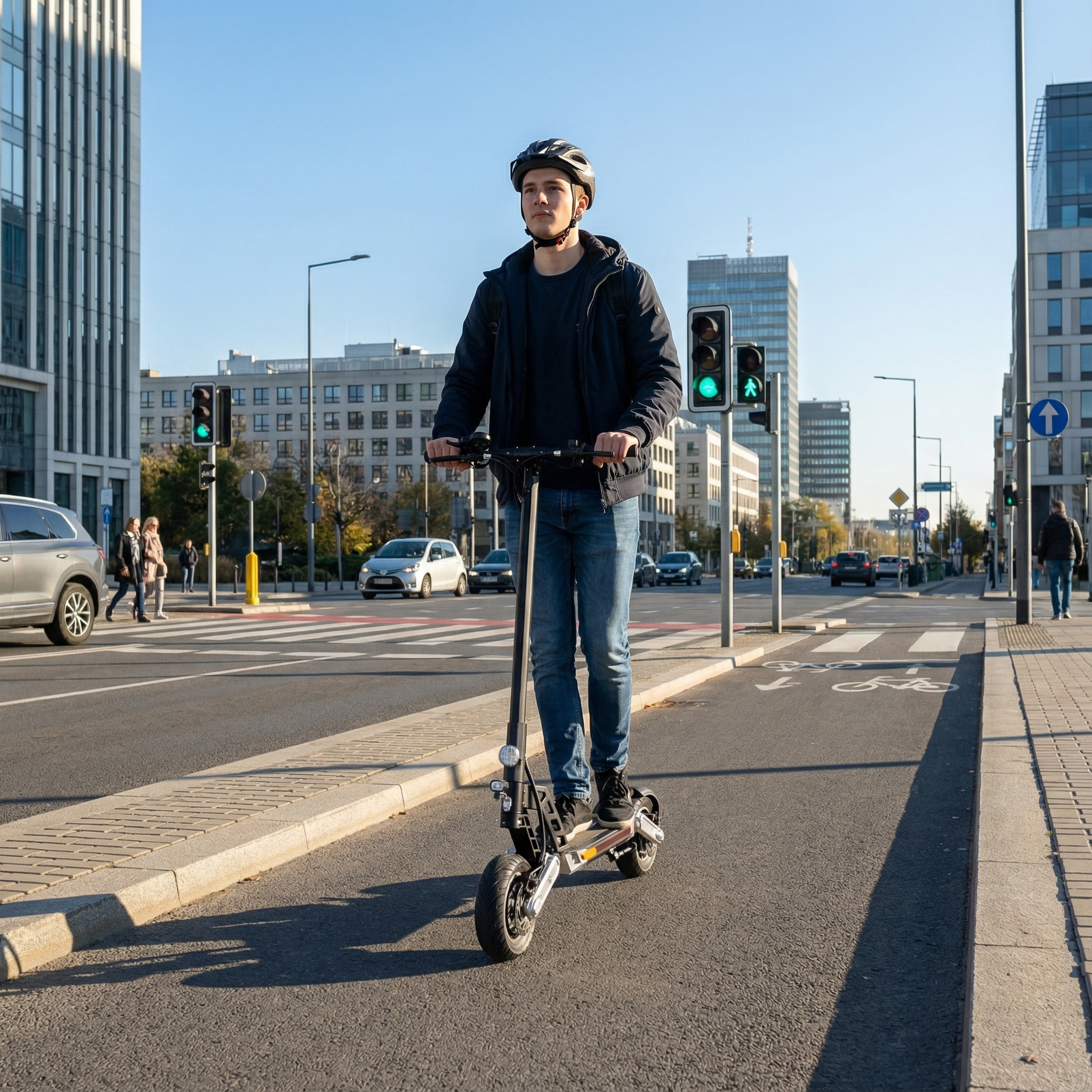 Ein Mann fährt mit einem E-Scooter auf einer Straße in der Stadt.