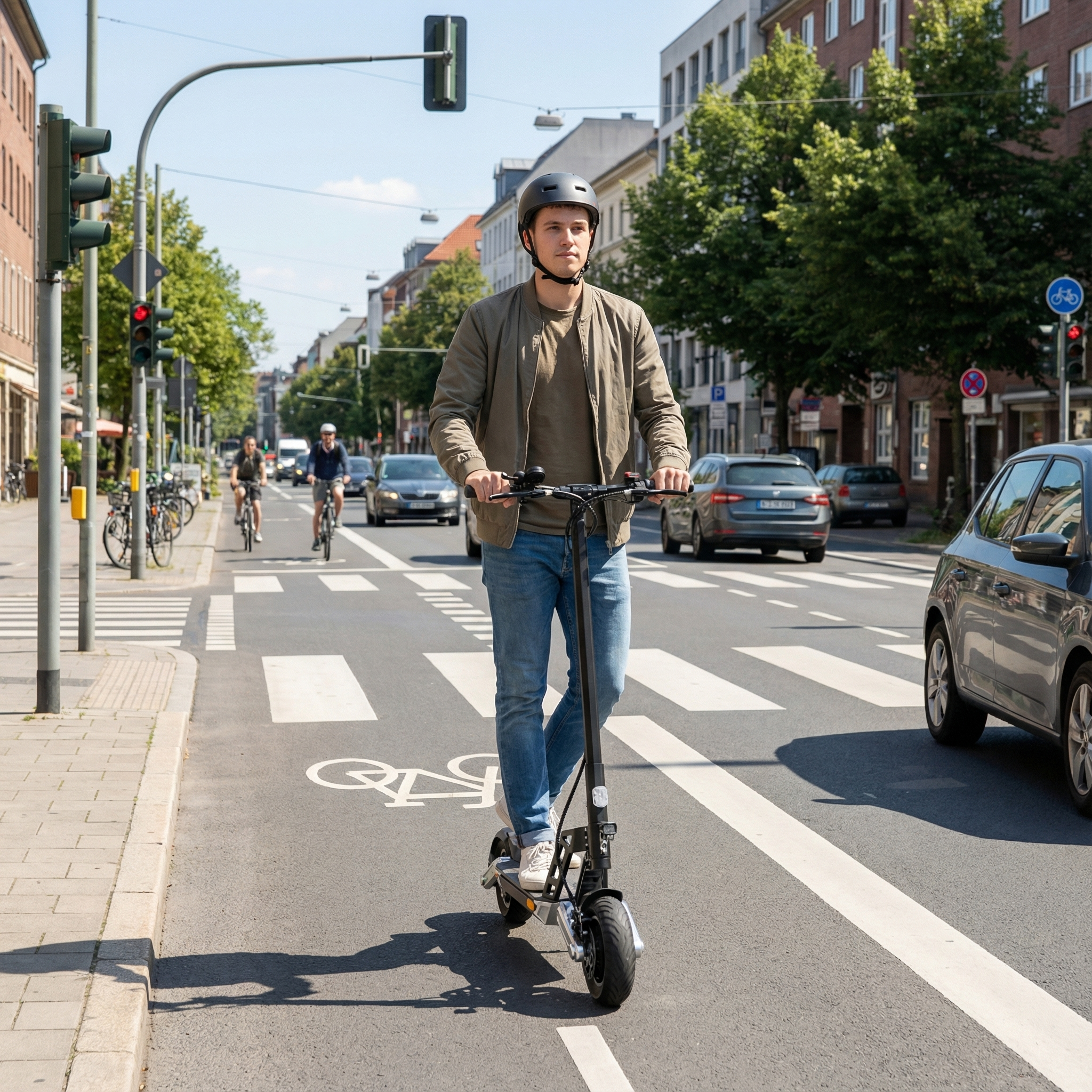 Ein Mann fährt einen E-Scooter auf einer Straße mit Radwegmarkierungen und Zebrastreifen.