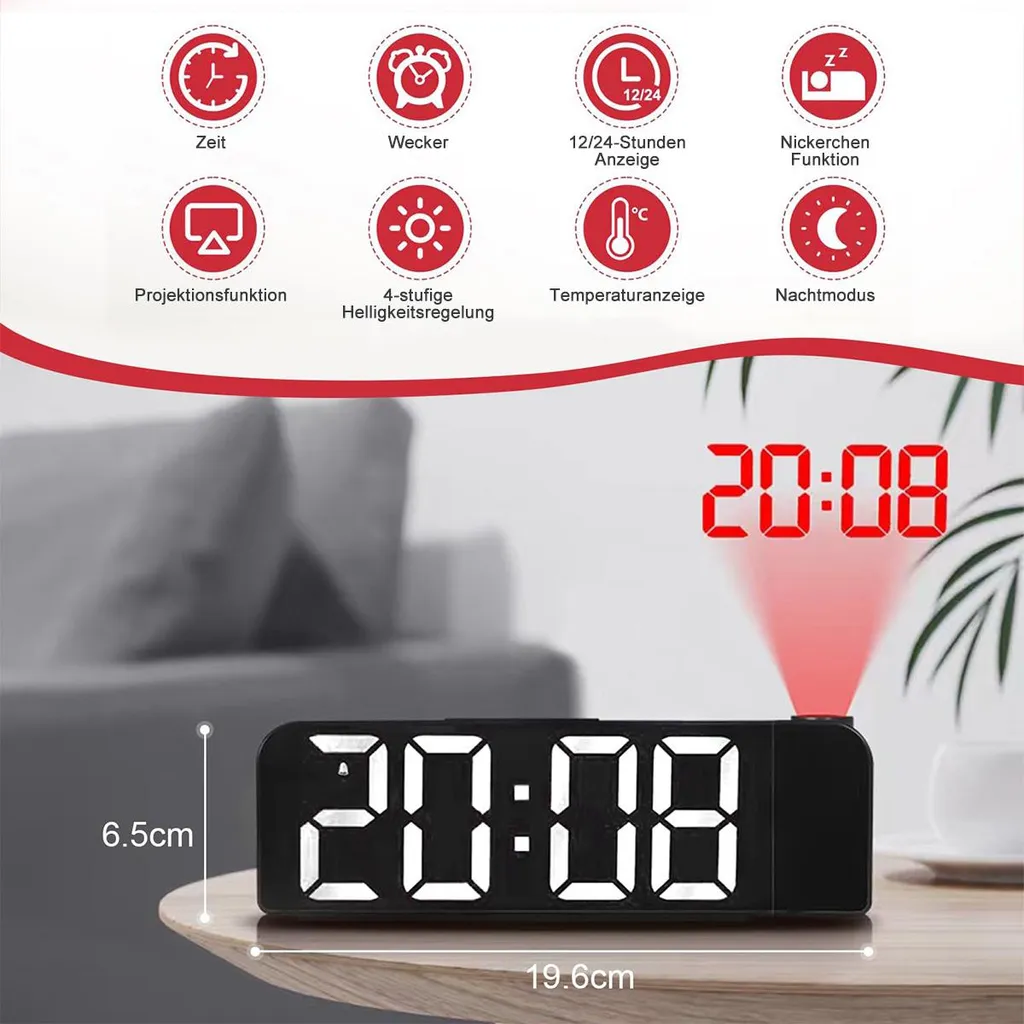Ein schwarzer Digitalwecker zeigt 20:08 an und projiziert rote Zahlen an die Wand.