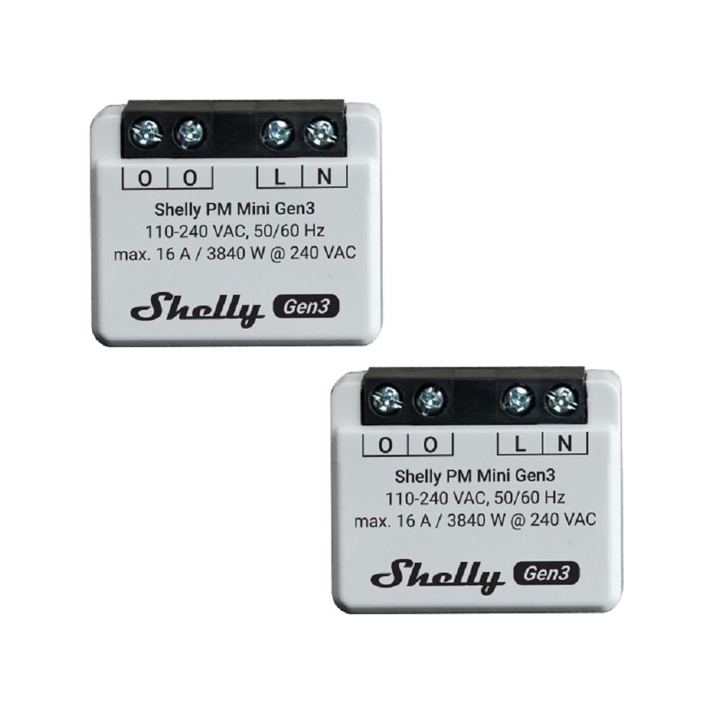 Dwa urządzenia Shelly PM Mini Gen3 ze złączami śrubowymi i oznaczeniami.