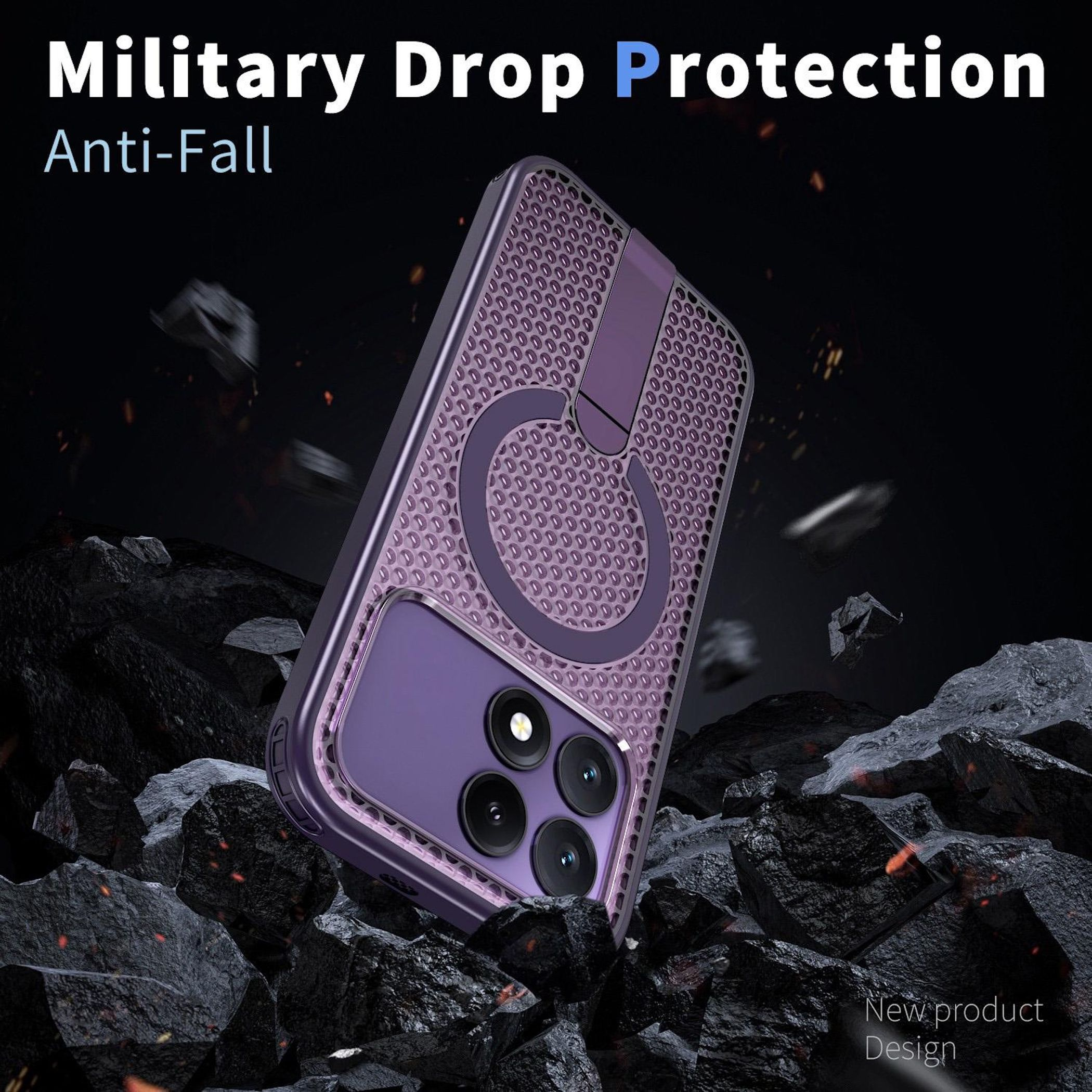 Funda morada para teléfono con anillo magnético en terreno rugoso.