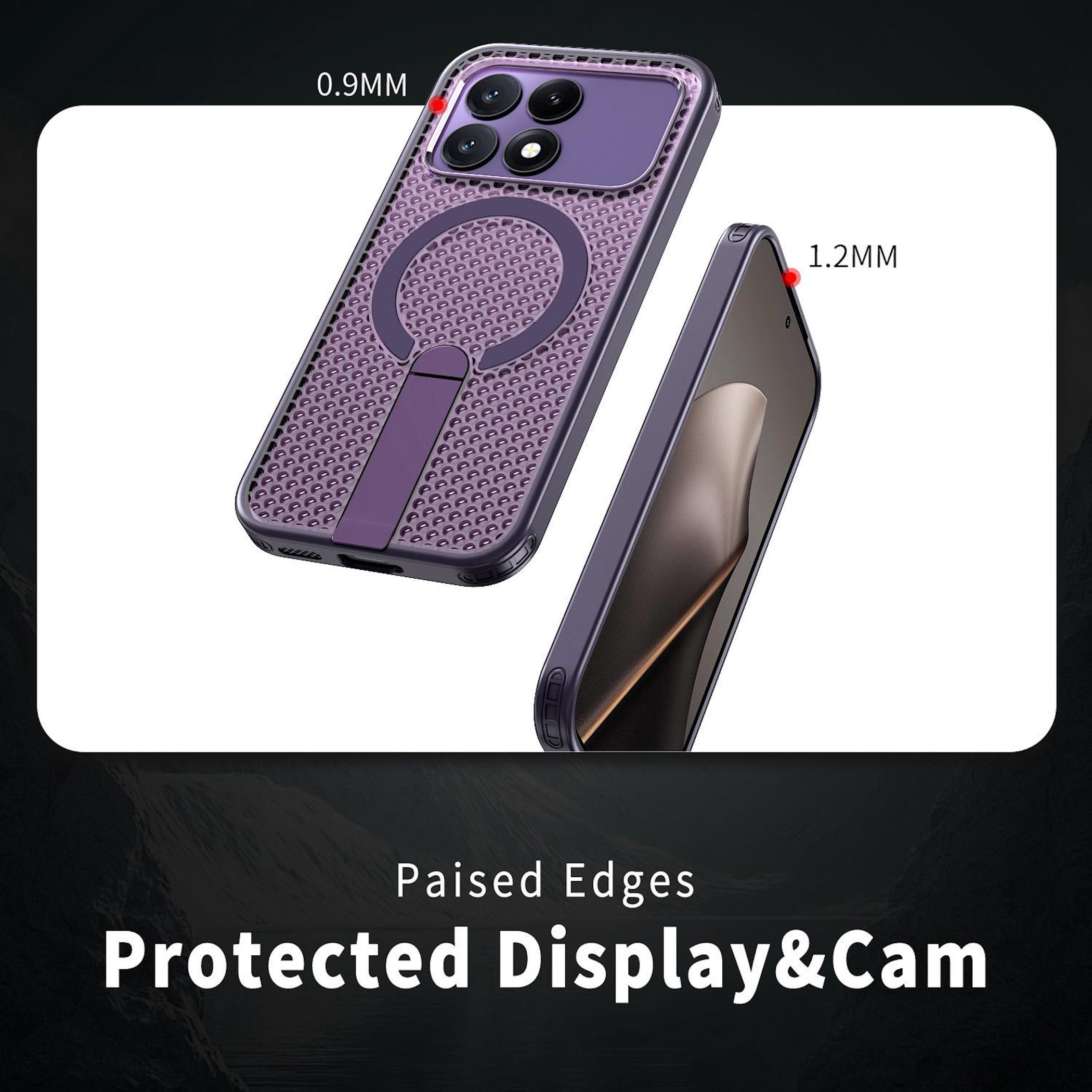 Funda morada para teléfono con bordes elevados, protege pantalla y cámara.