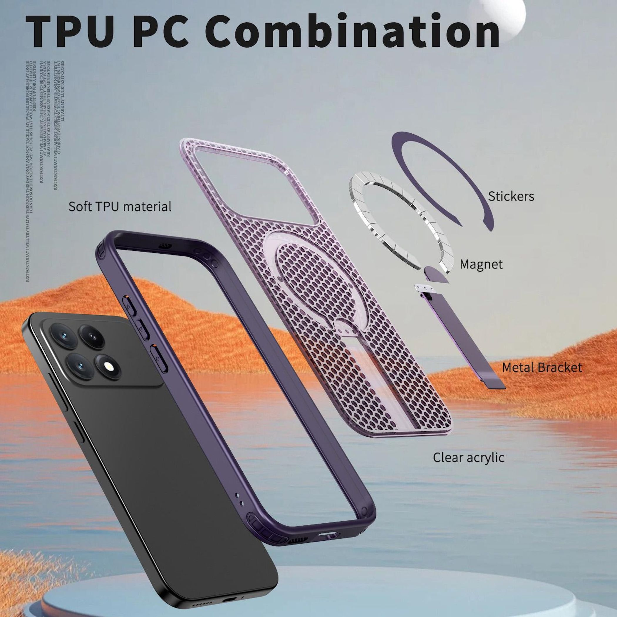 Vista explosionada de una funda de teléfono con TPU, imán y soporte metálico.