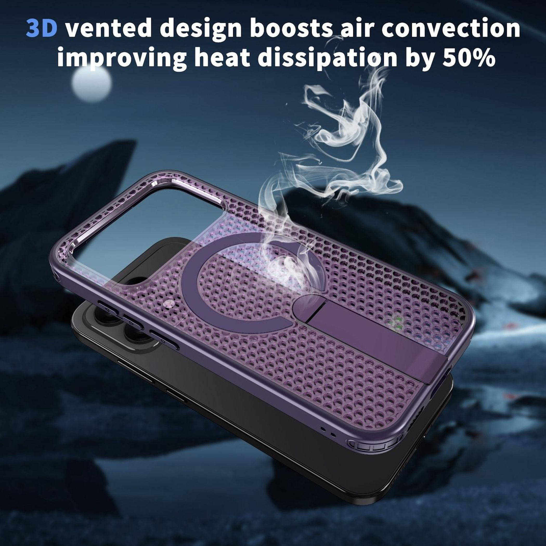 Funda morada para teléfono con patrón de panal y soporte, humo ascendente.