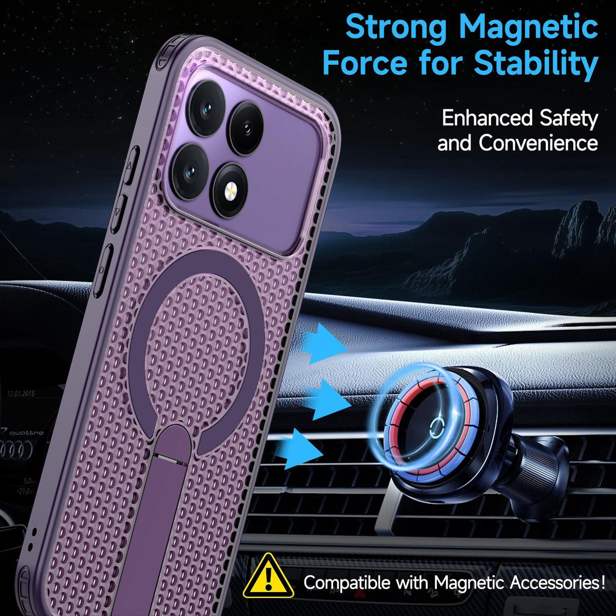 Funda morada para teléfono con soporte de anillo y soporte magnético para coche.