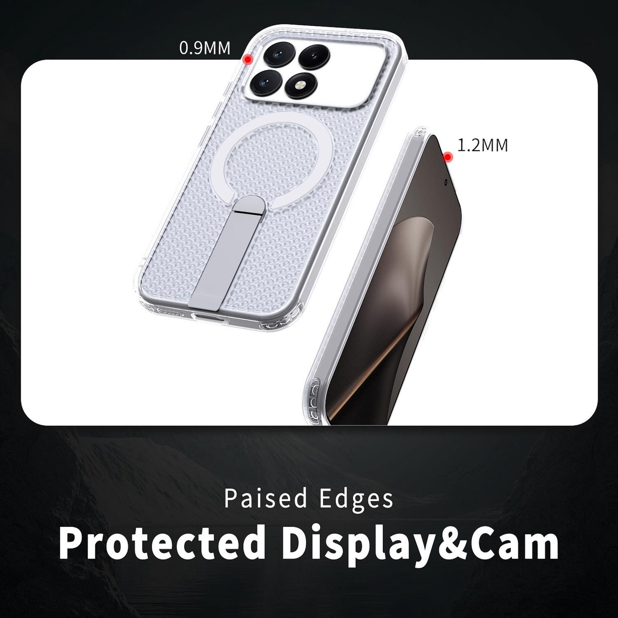 Funda transparente para teléfono con bordes elevados y soporte.