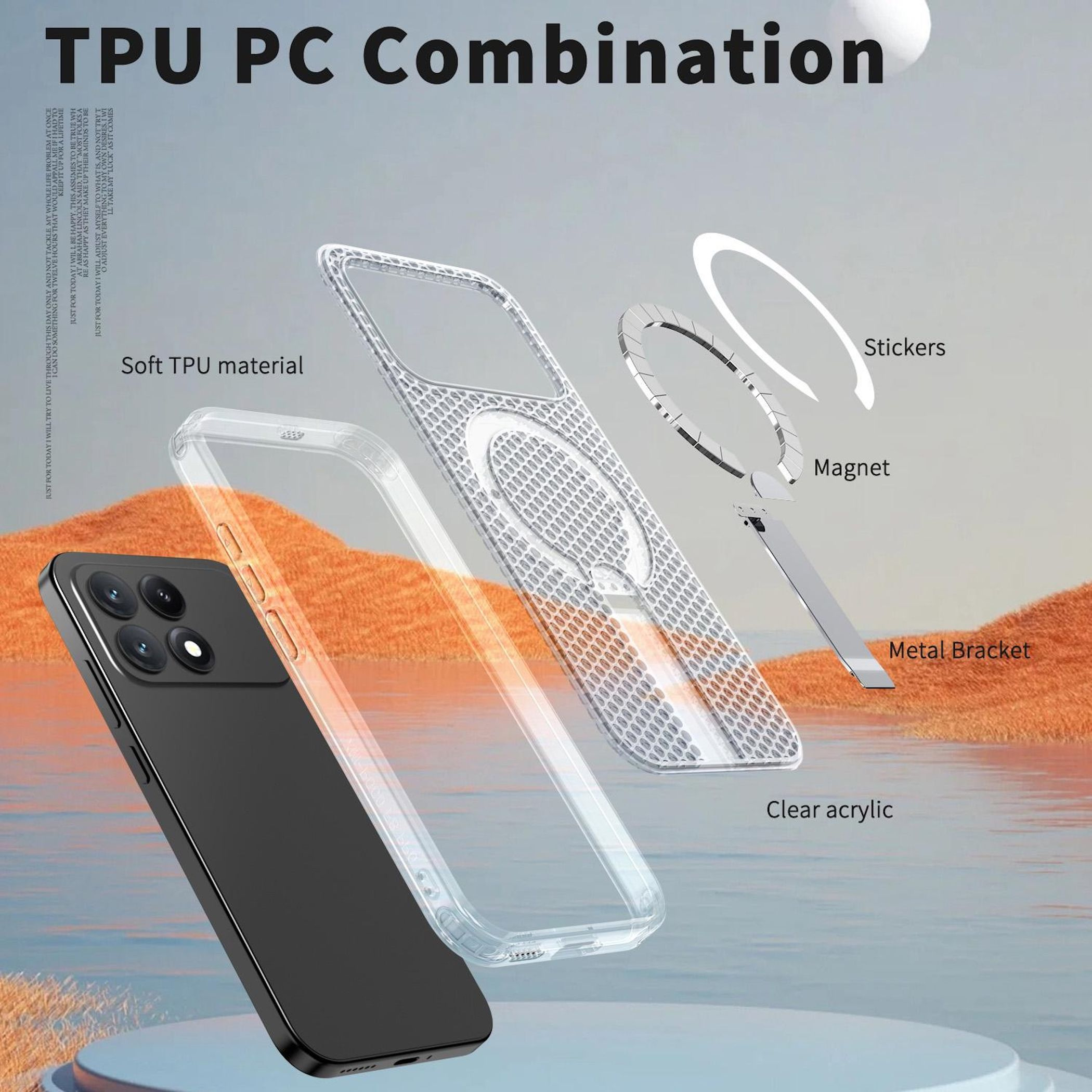 Teléfono negro con funda transparente, imán y soporte.