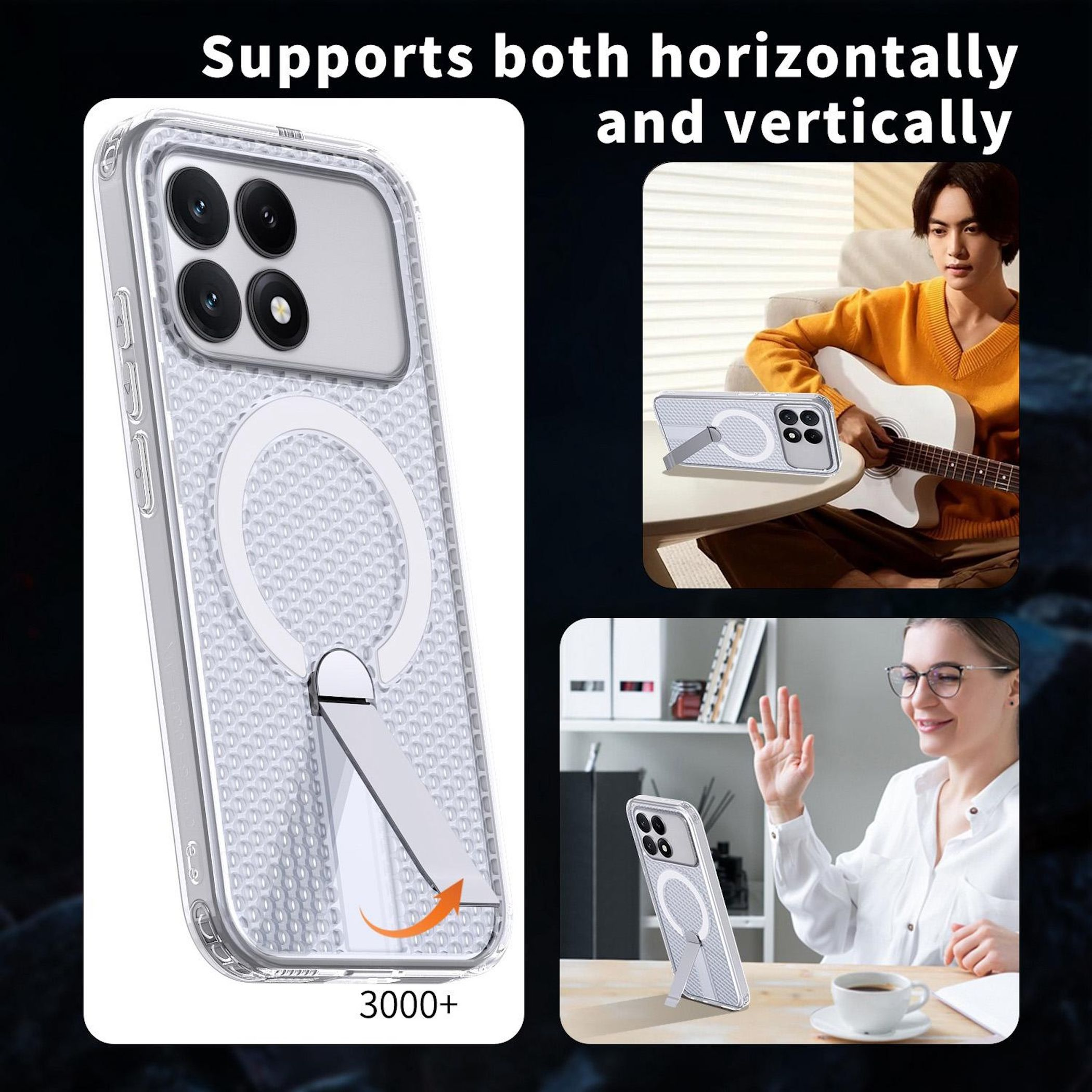 Funda transparente para teléfono con soporte. Hombre toca guitarra, mujer saluda.