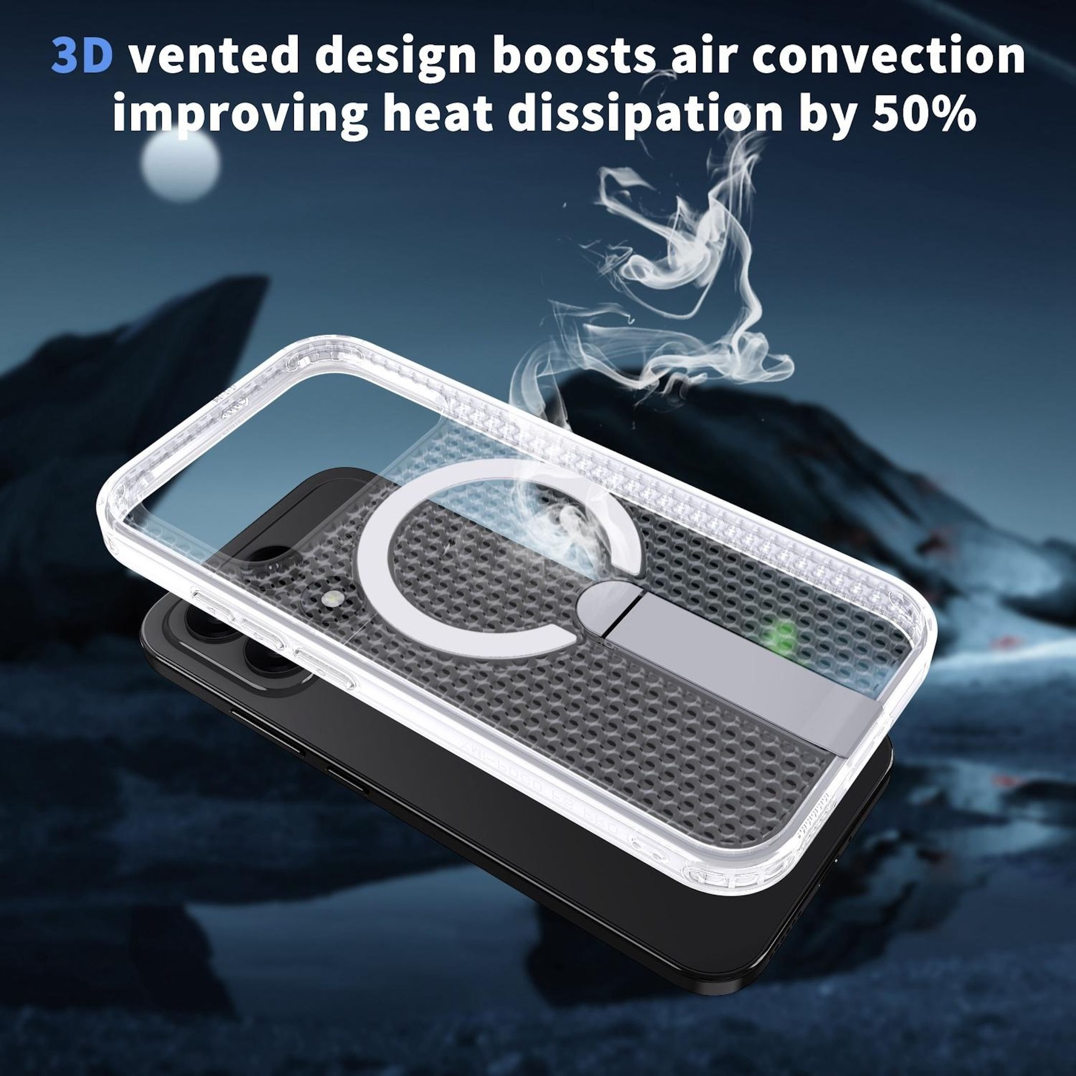 Funda transparente para teléfono con anillo magnético y soporte en un teléfono negro.