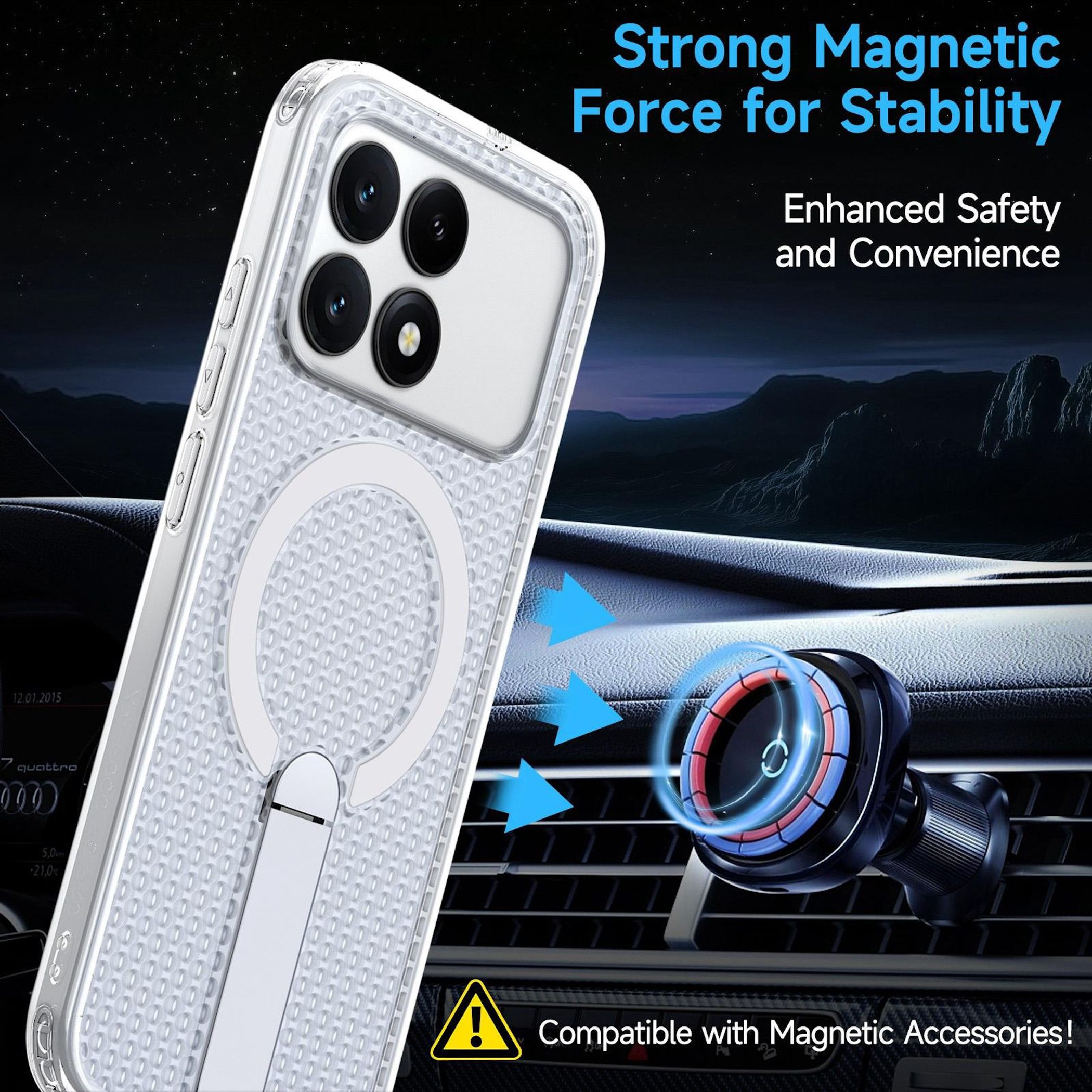 Funda transparente para teléfono con anillo magnético en salpicadero y cielo estrellado.