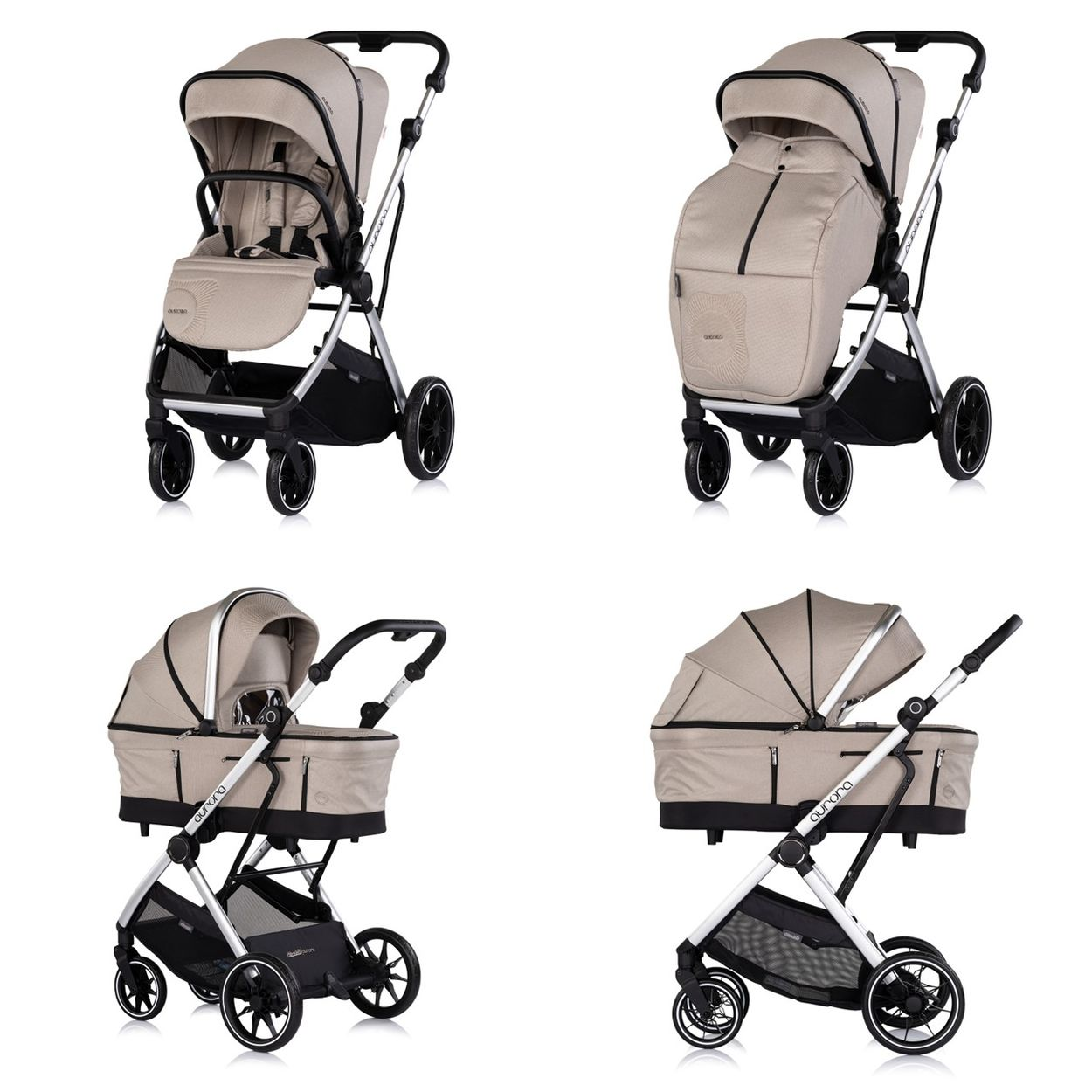 Vier Bilder eines Kinderwagens in Beige und Schwarz mit silbernem Rahmen.