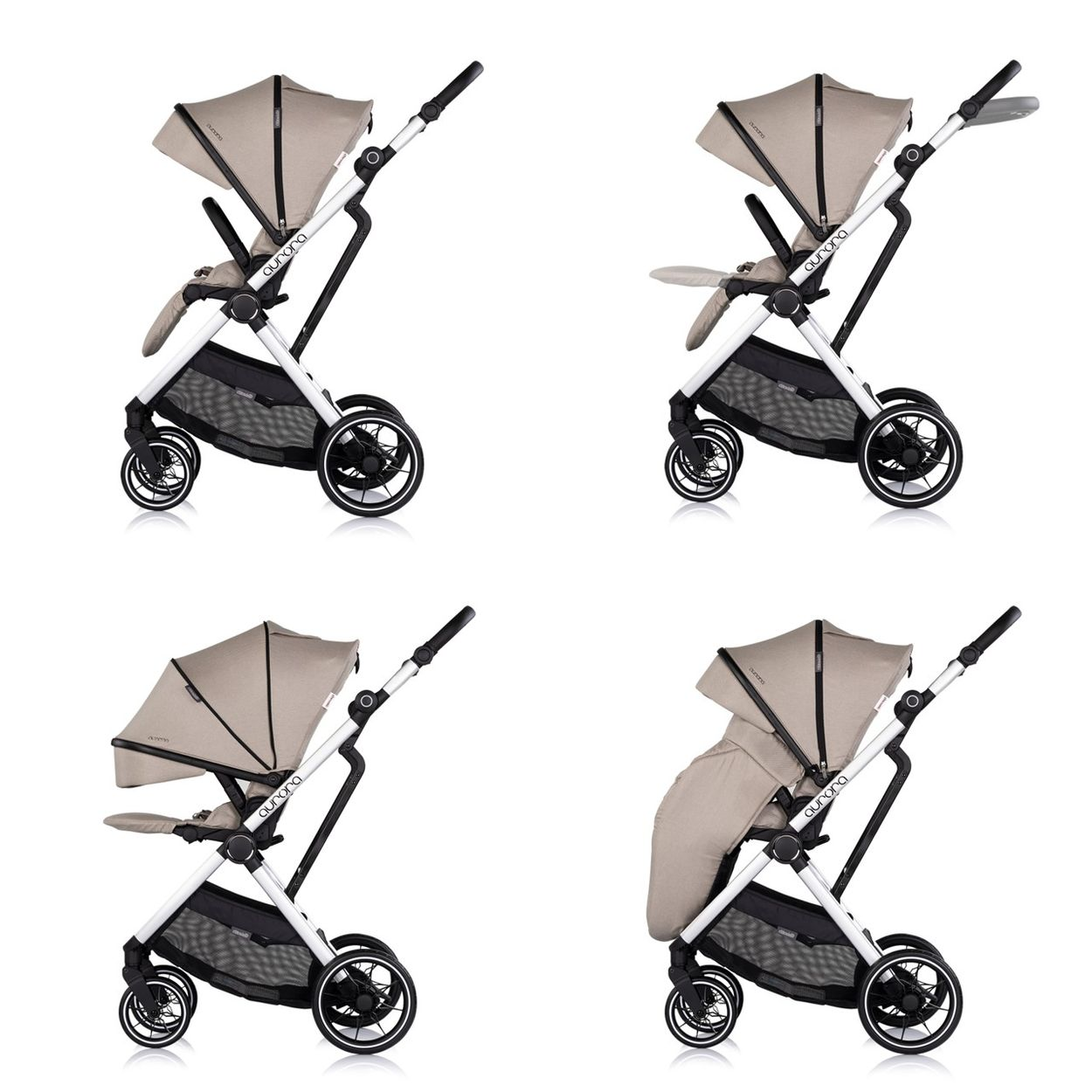 Ein heller Kinderwagen mit verstellbarem Verdeck und Sitz in verschiedenen Positionen.
