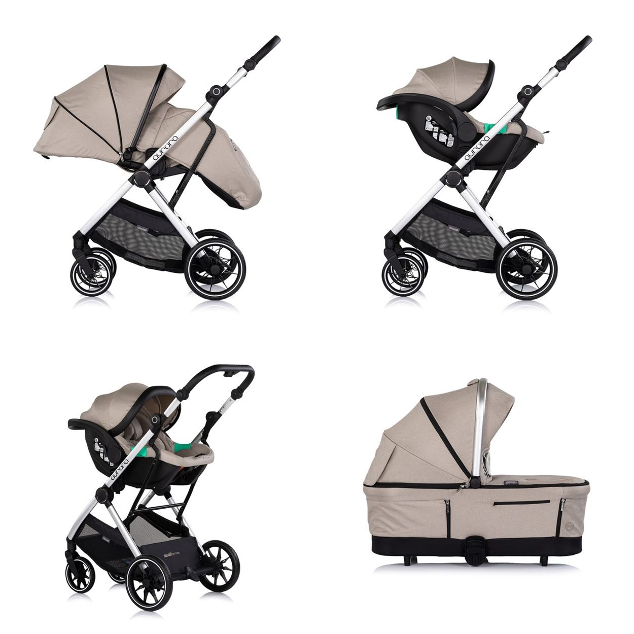 Vier Ansichten eines Kinderwagens mit Babywanne und Autositz in Beige.