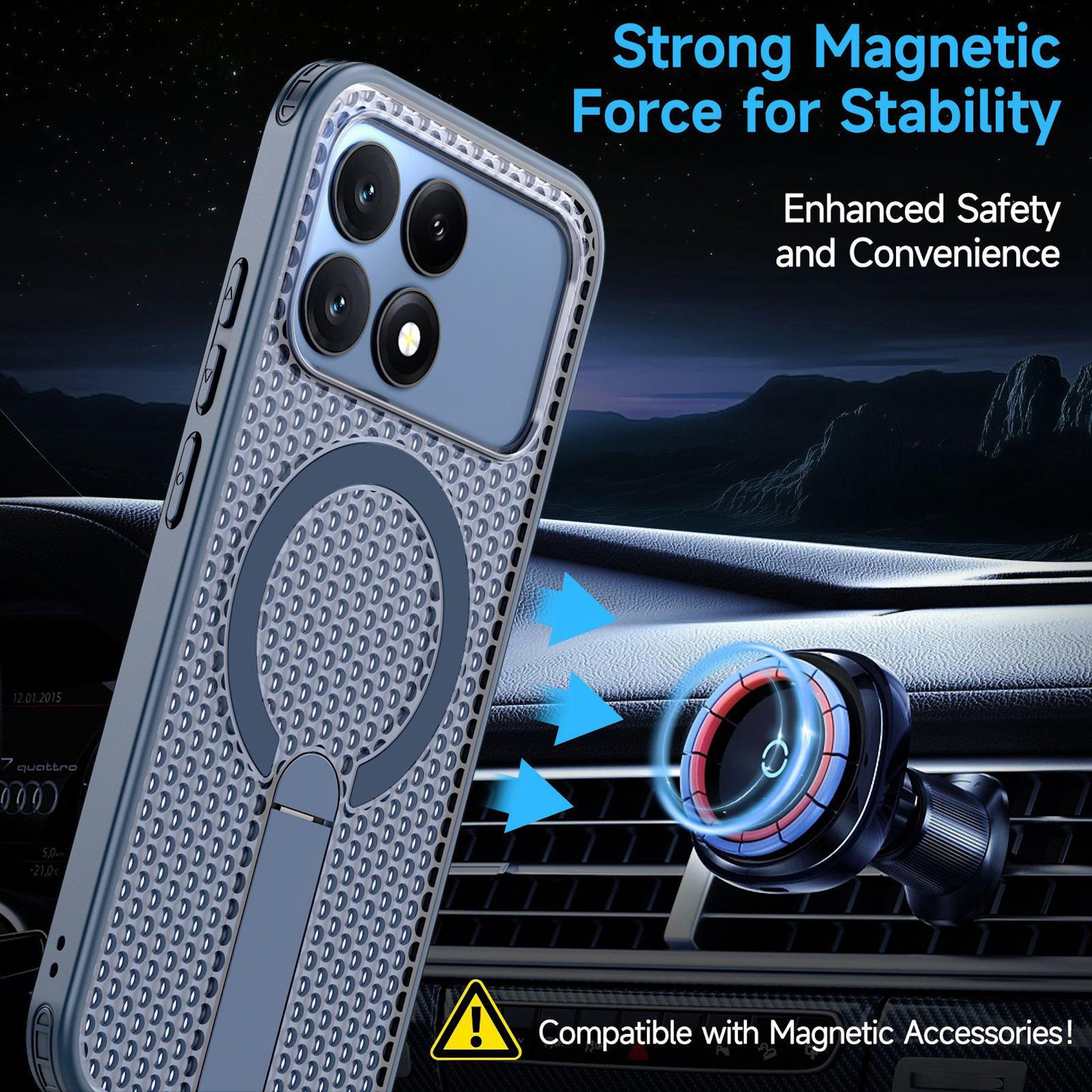 Graue Handyhülle mit magnetischem Halter in einem Auto.