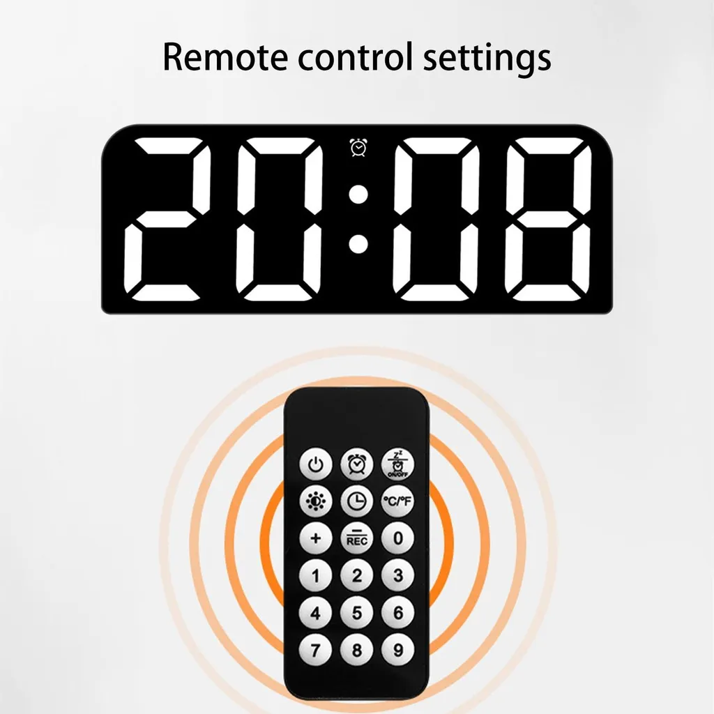 Digitale Uhrzeit 20:08 und eine schwarze Fernbedienung mit Tasten.