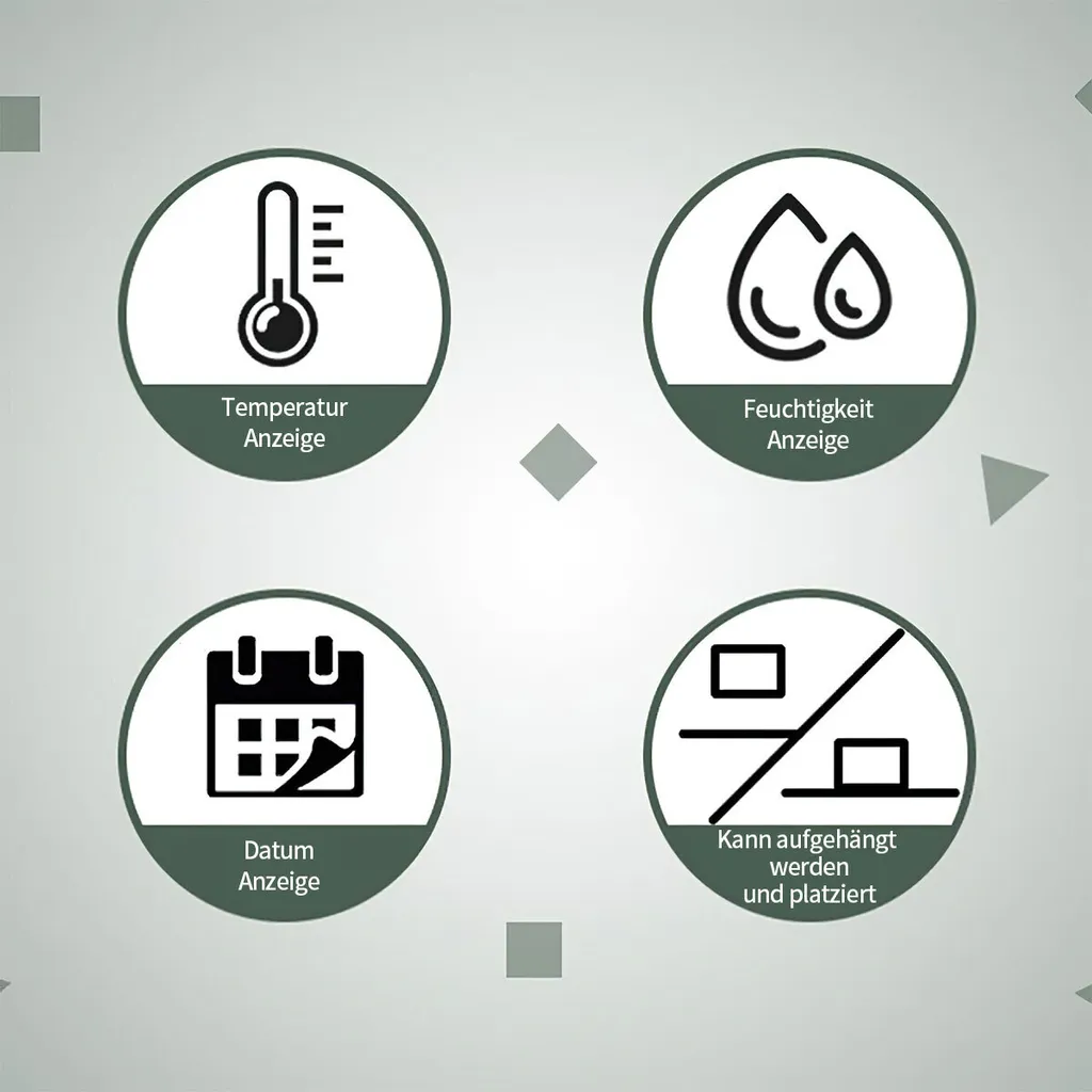 Vier Icons: Thermometer, Regentropfen, Kalender, Platzierung.