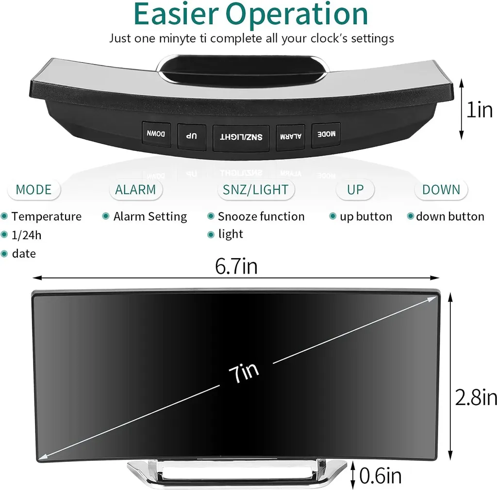 Digitaler Wecker mit Spiegelanzeige. Zeigt Uhrzeit, Temp., Alarmeinstellungen. Tasten: Mode, Alarm, Snz/Light, Hoch, Runter.