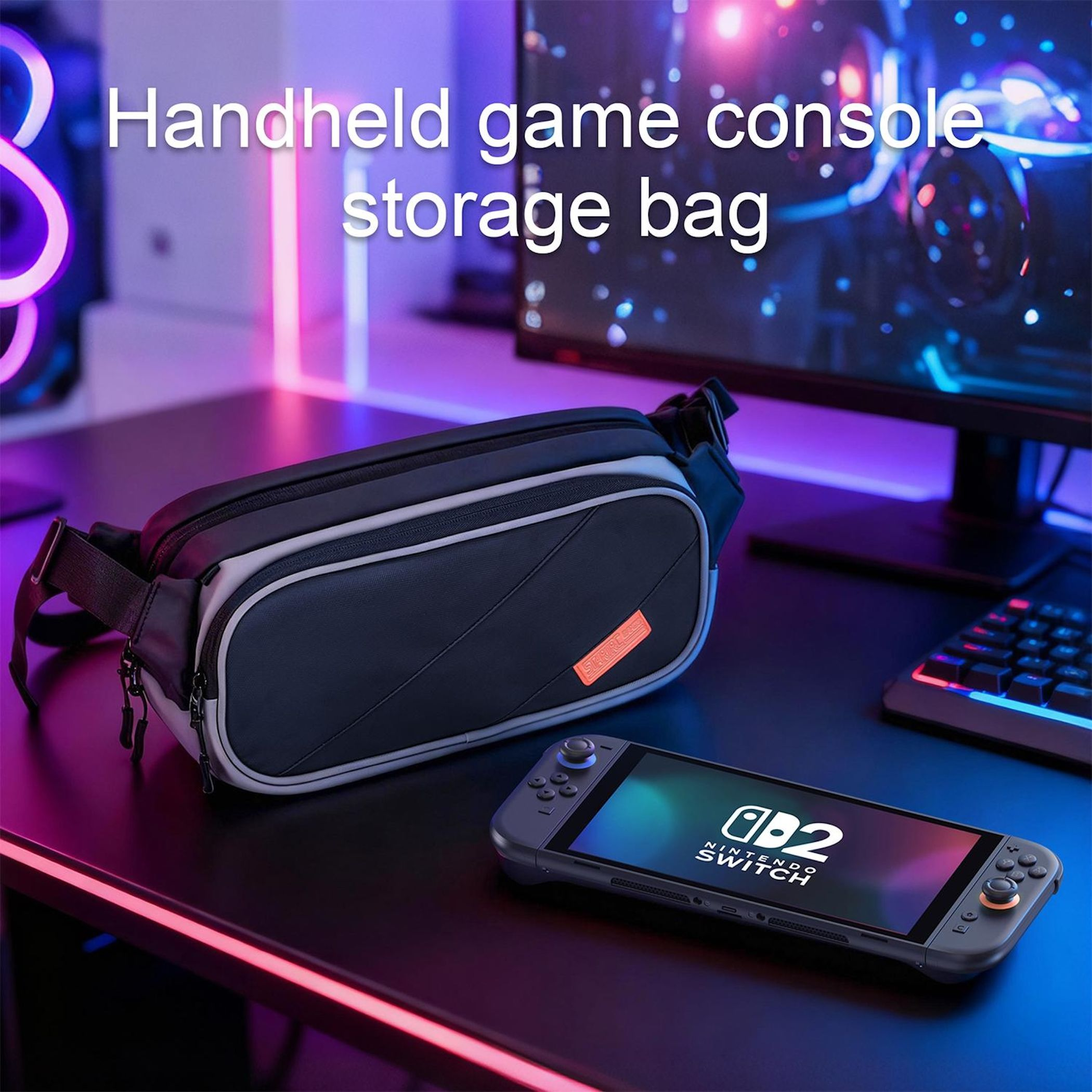 Eine Nintendo Switch Konsole liegt auf einem Schreibtisch neben einer Tasche.