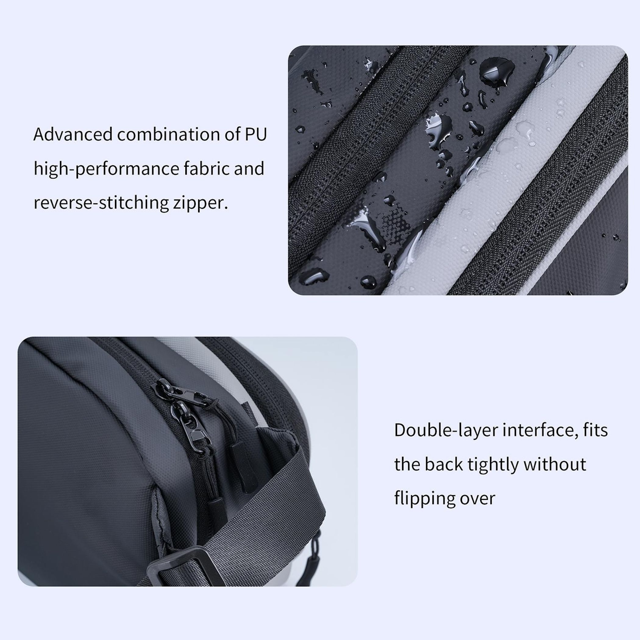 Nahaufnahme eines schwarzen Rucksacks mit Reißverschluss und Schultergurt.