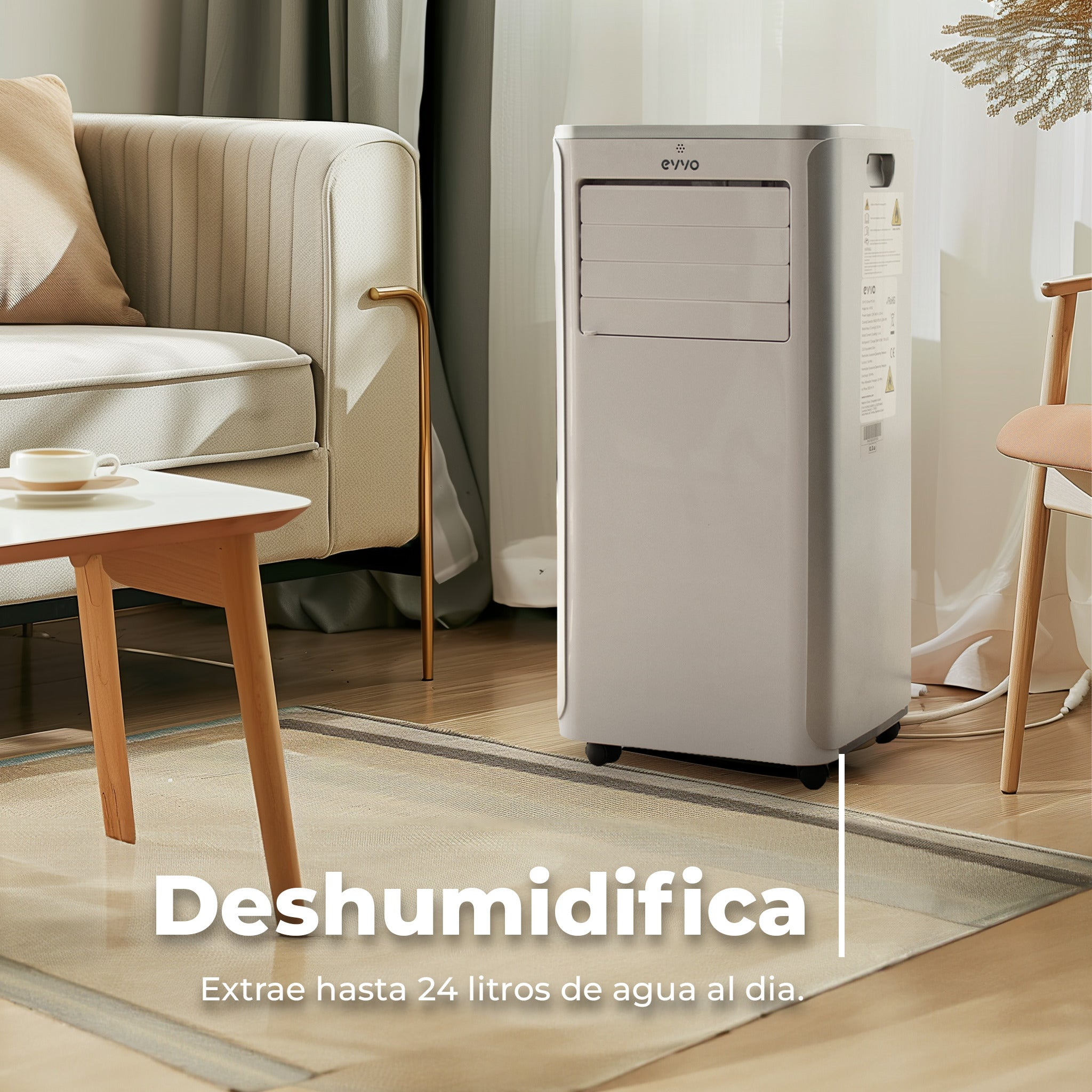 Un deshumidificador moderno junto a un sofá y mesa en una sala.