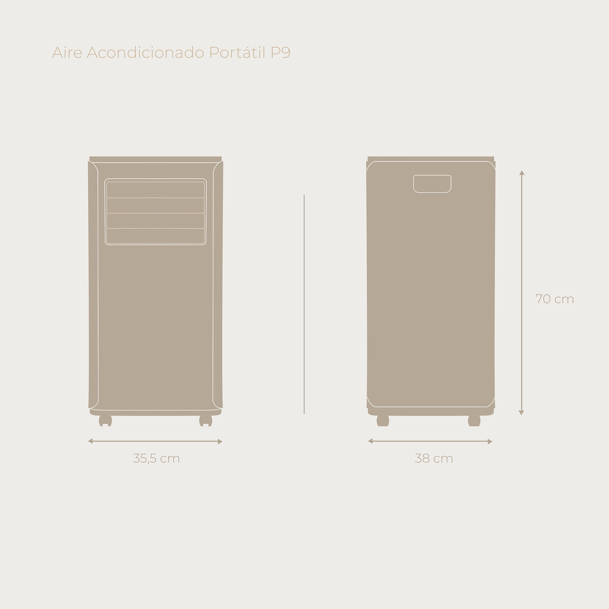 Dos aires acondicionados portátiles con dimensiones: 35,5 cm ancho, 38 cm fondo, 70 cm alto.