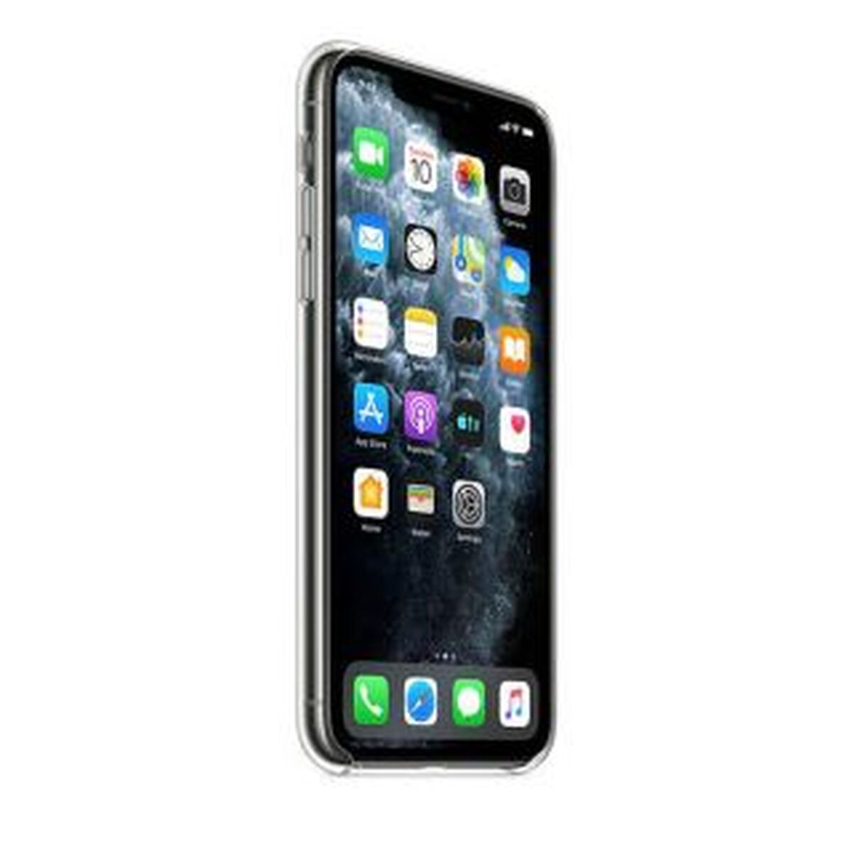 Un iPhone con molte icone di app sullo schermo e una custodia trasparente.