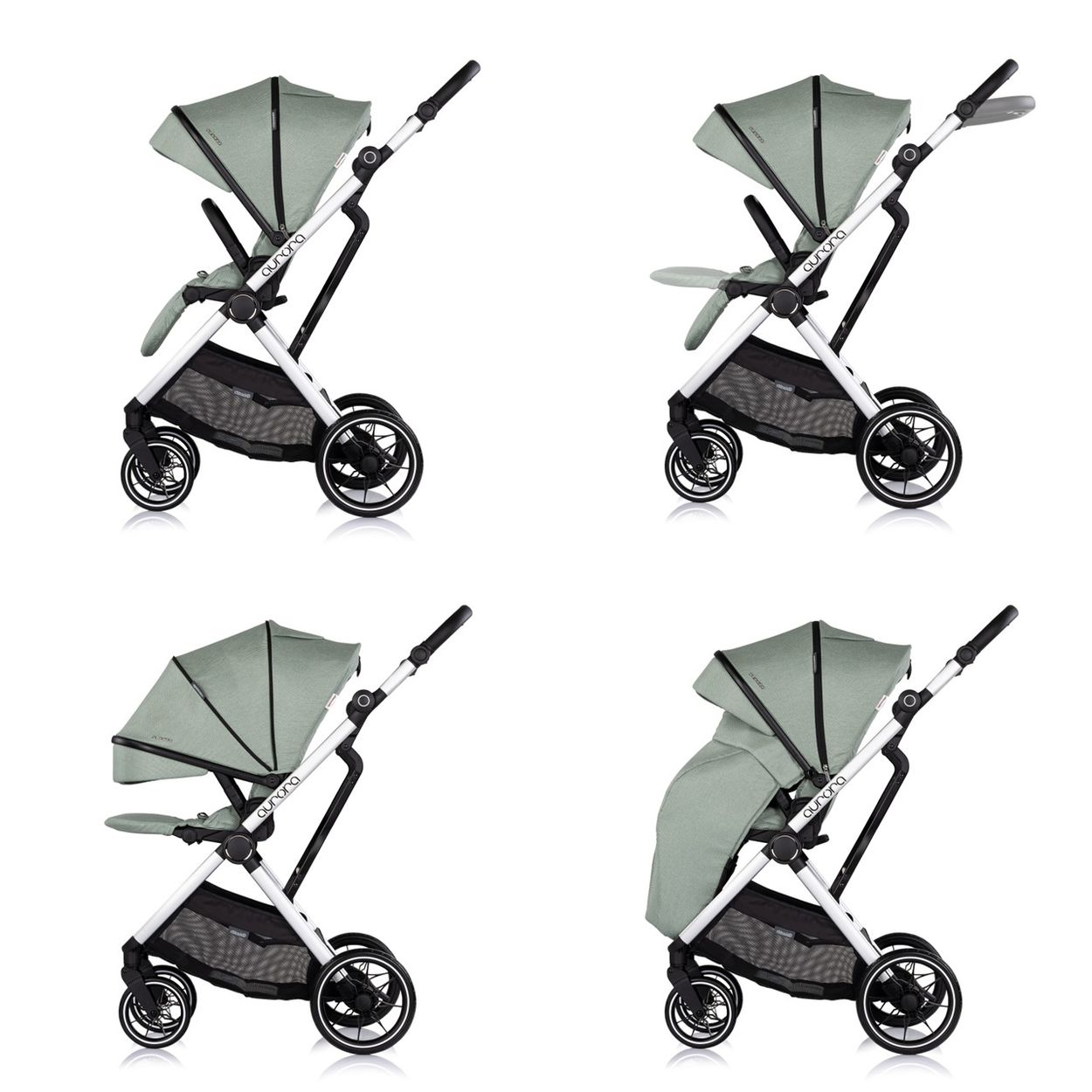 Ein grüner Kinderwagen mit weißem Rahmen und schwarzen Rädern, vier Ansichten.