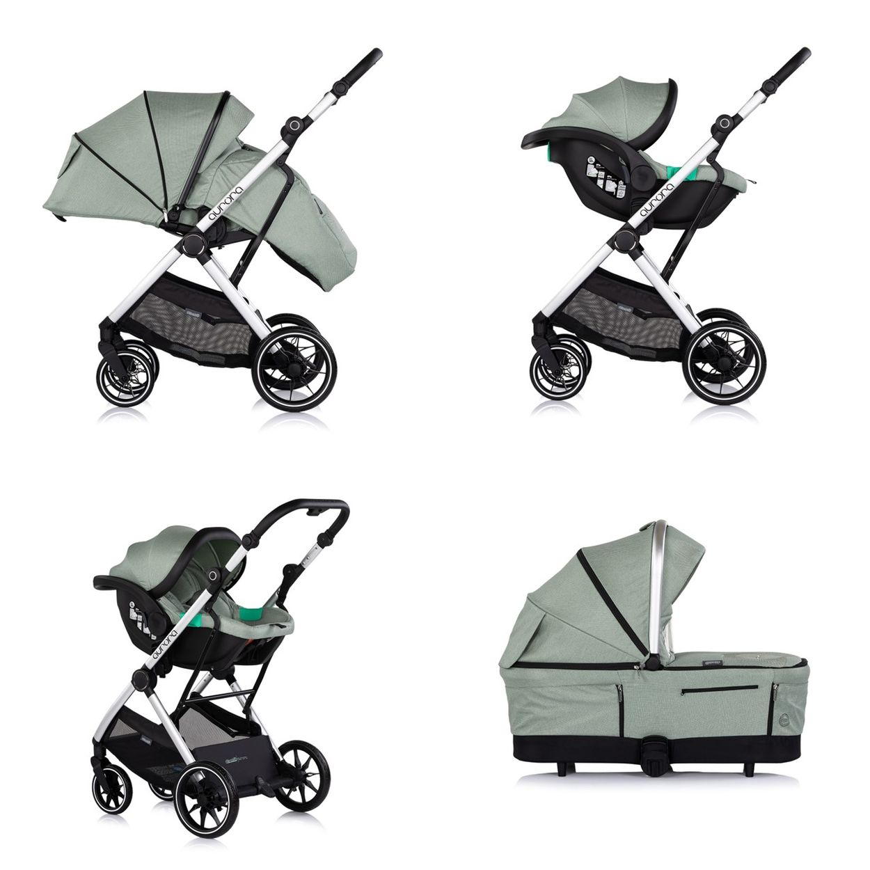 Vier Ansichten eines Kinderwagens in Salbeigrün und Weiß mit schwarzem Zubehör.