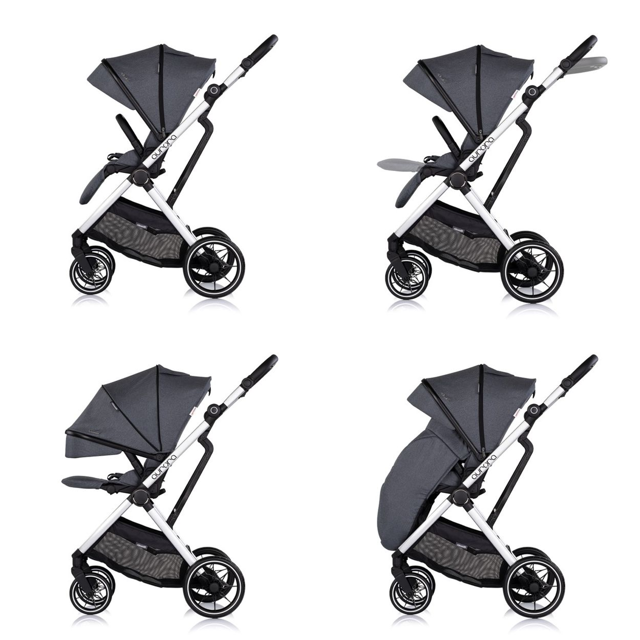 Vier graue Kinderwagen in verschiedenen Winkeln und Konfigurationen auf weißem Hintergrund.