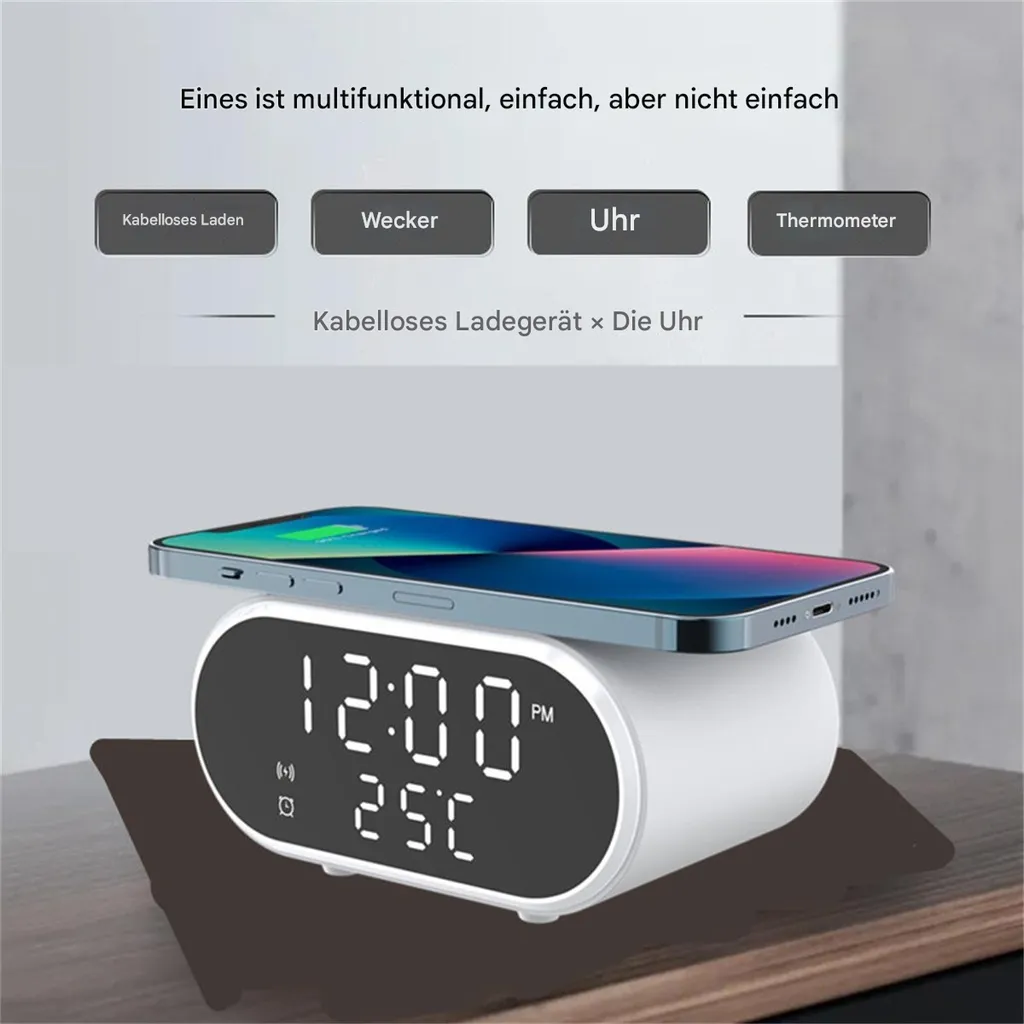 Ein weißer Wecker mit digitaler Anzeige zeigt 12:00 und 25°C. Ein Smartphone lädt drahtlos oben drauf.