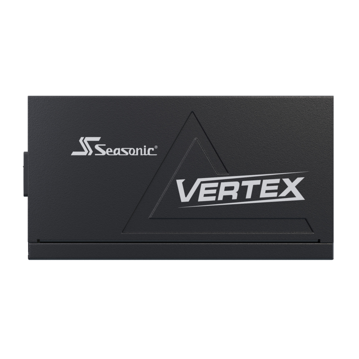 Zwarte Seasonic Vertex voeding met wit logo en tekst.