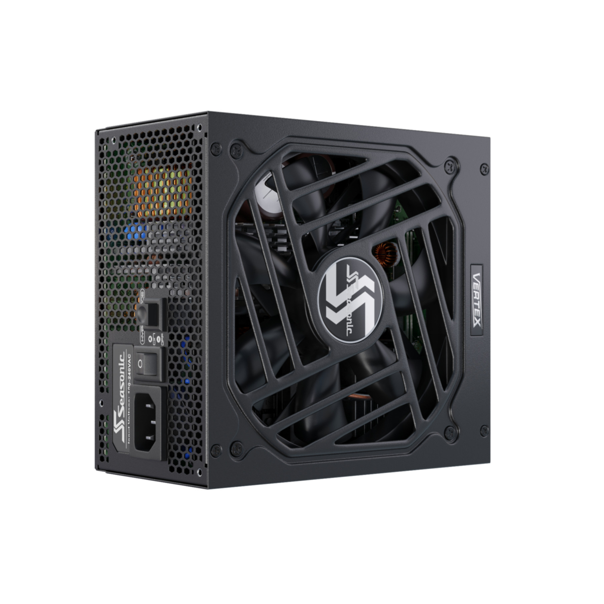 Zwarte computer voedingseenheid met ventilator en in/uitgangen.