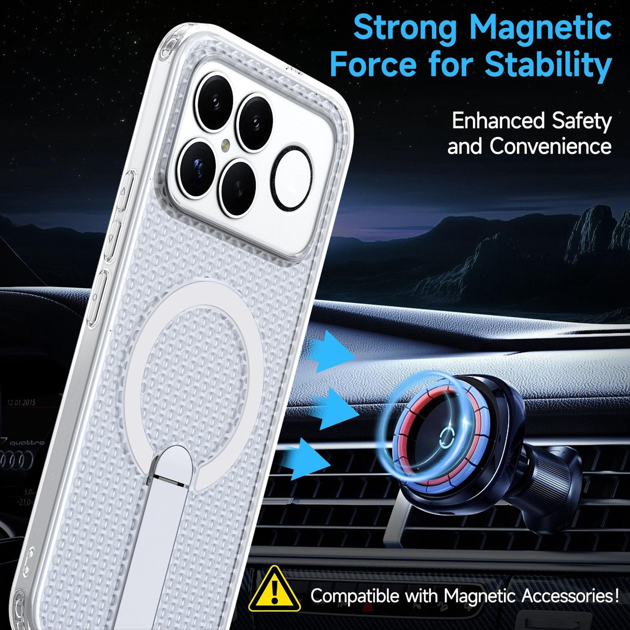Transparente Handyhülle mit MagSafe-Ring und Autohalterung im Armaturenbrett.