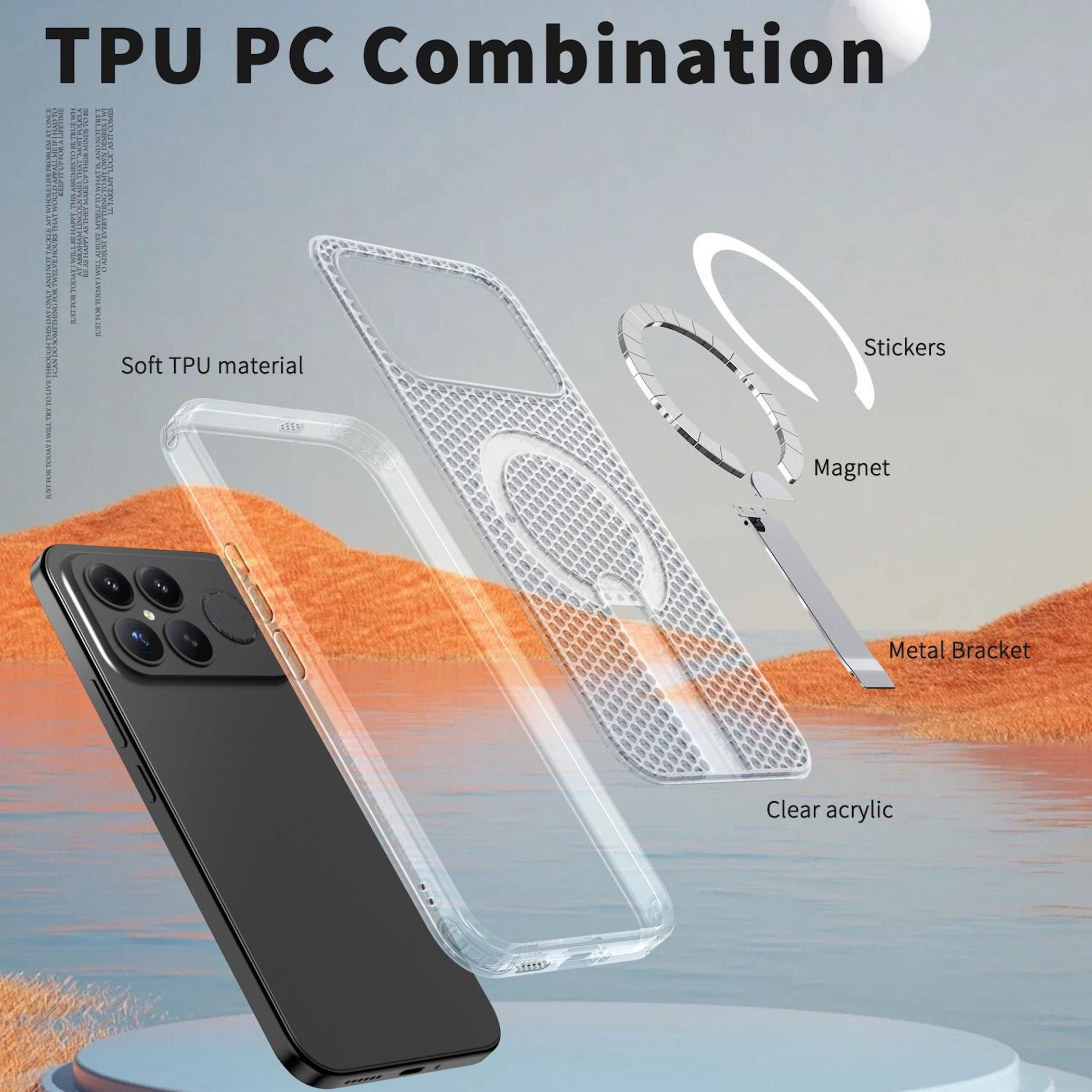 Schwarz Handy mit durchsichtiger Hülle, Magnetring und Metallbügel.