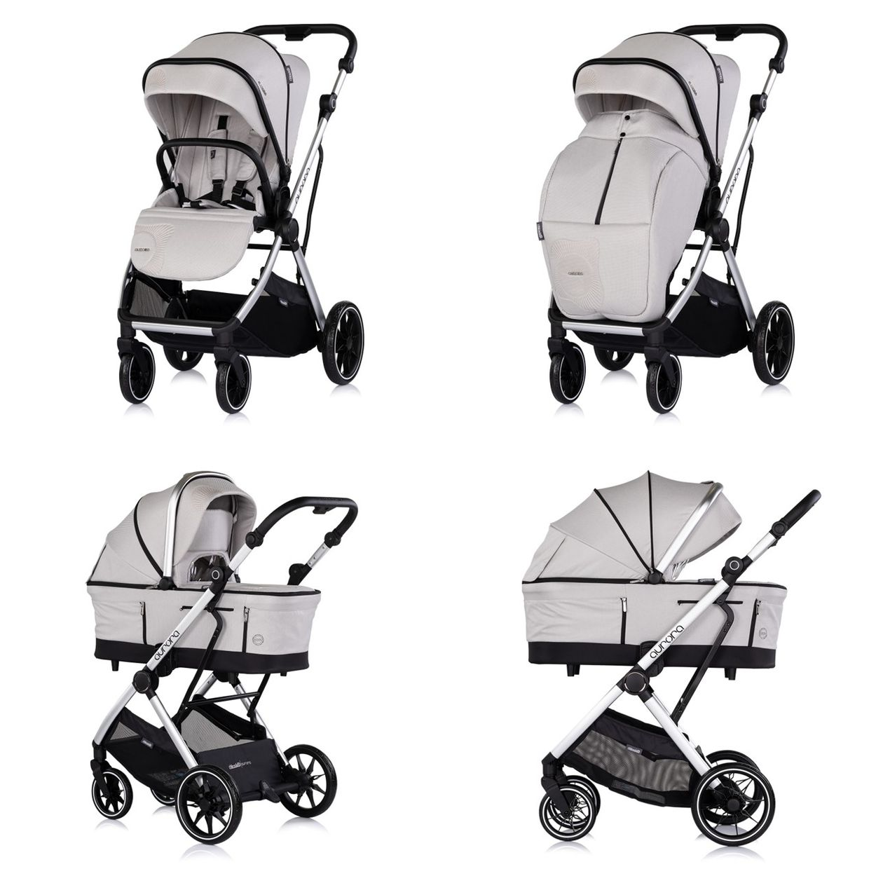 Ein heller Kinderwagen mit silbernem Gestell und schwarzen Rädern.