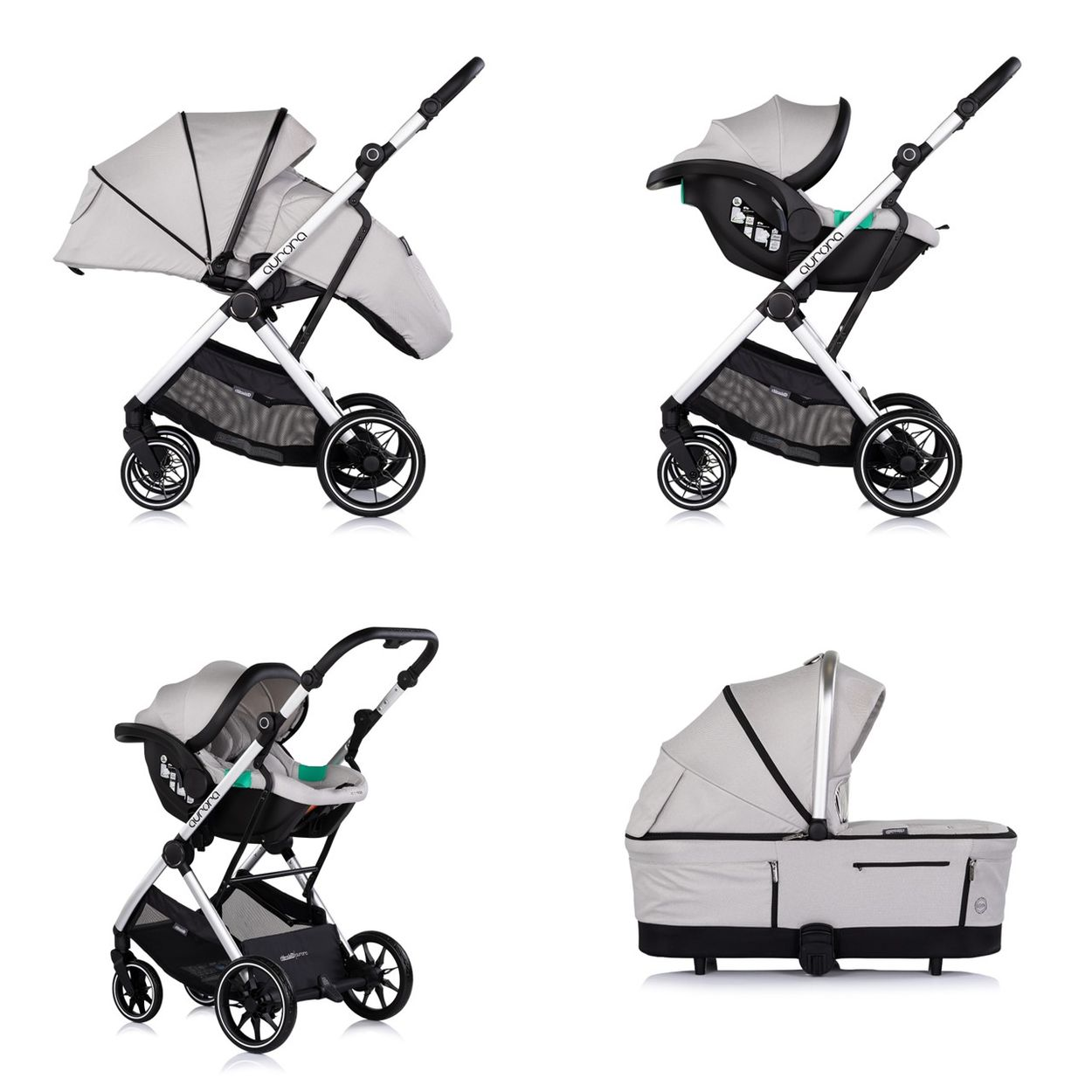Collage aus einem hellgrauen Kinderwagen, Autositz und Babywanne auf weißem Hintergrund.