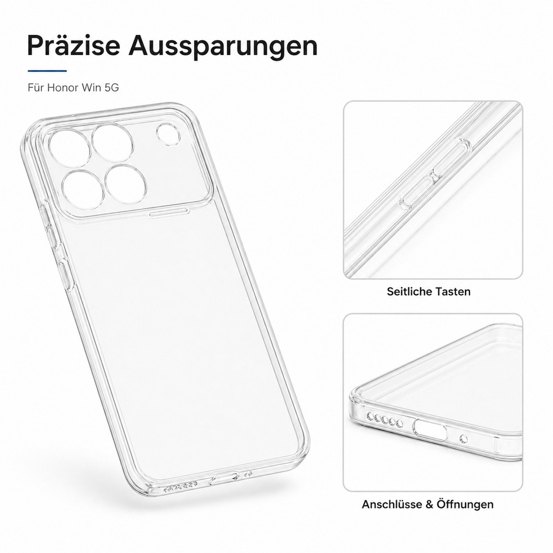 Custodia trasparente per Honor Win 5G con ritagli precisi per fotocamera, pulsanti e porte.