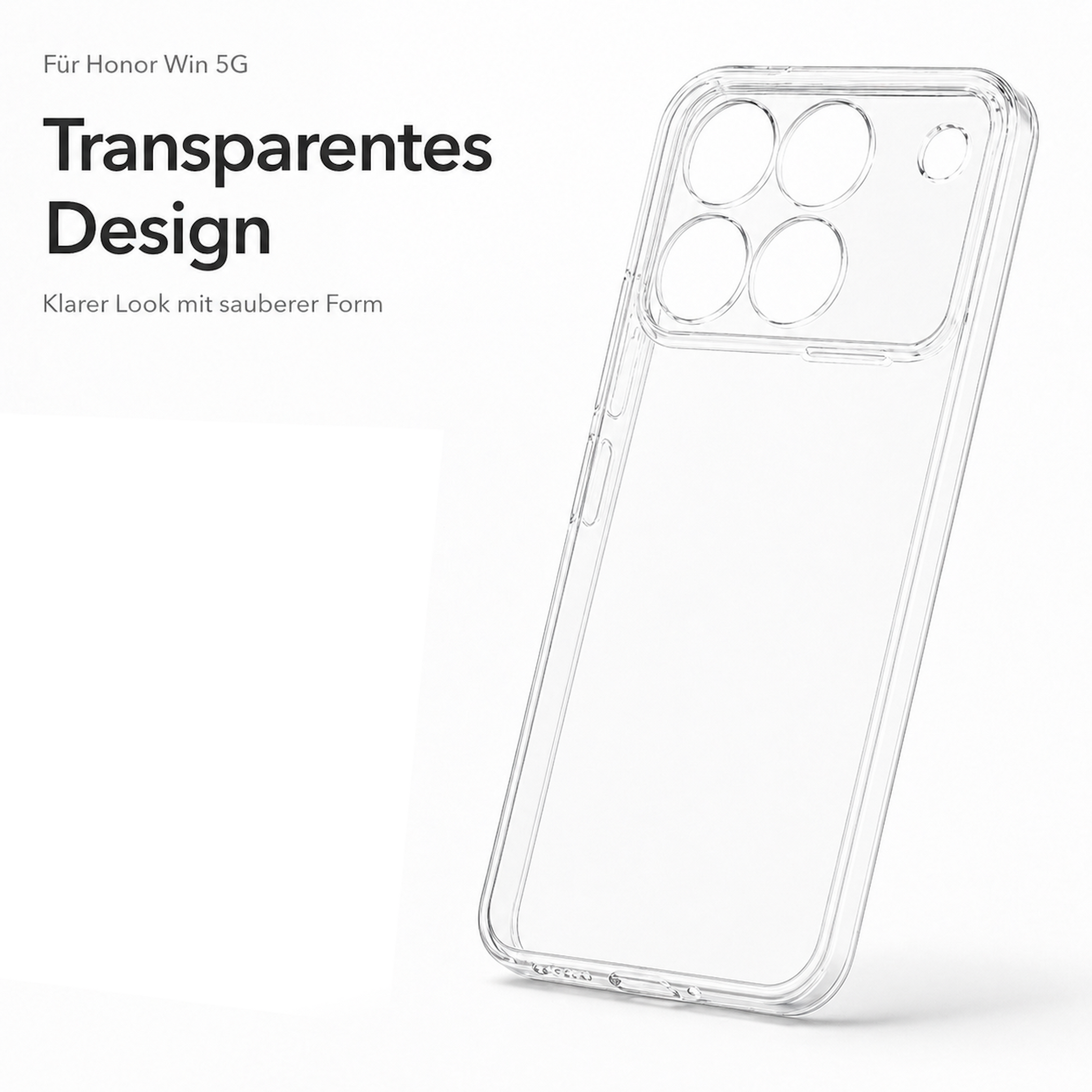Una custodia trasparente per Honor Win 5G, con ritagli per fotocamera.