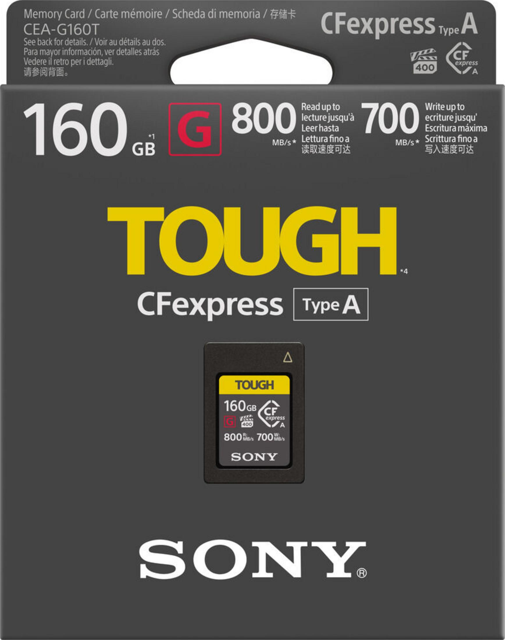 Sony CFexpress Type A Tough geheugenkaart, 160GB, 800MB/s lezen, 700MB/s schrijven.