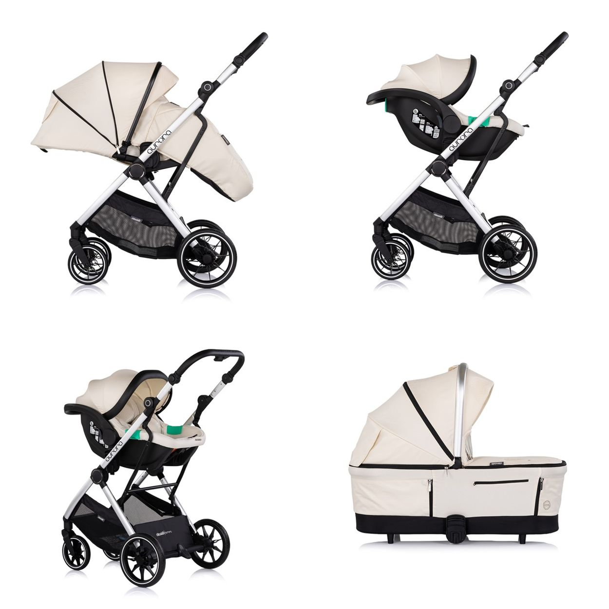 Ein Kinderwagen mit beige/cremefarbener Gondel und schwarzem Gestell.