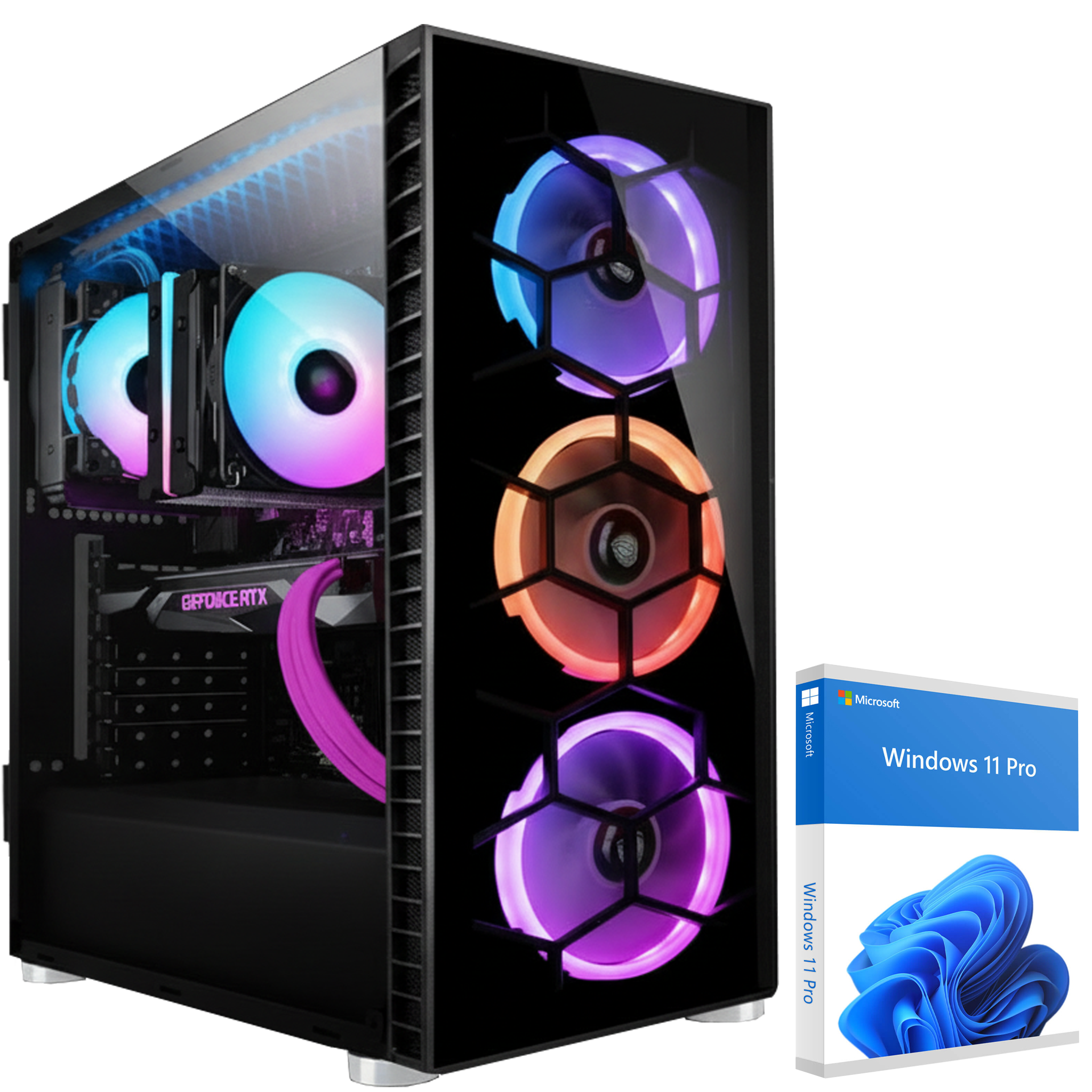 Ein schwarzer Gaming-PC mit RGB-Lüftern und einer Windows 11 Pro-Box.