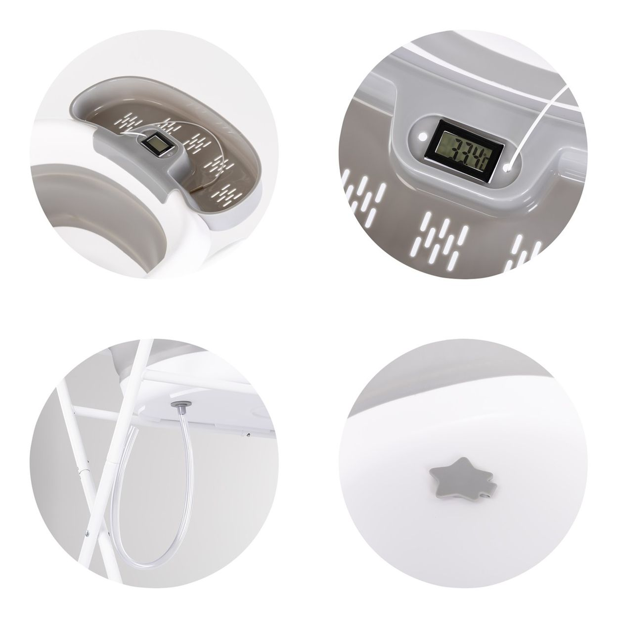 Details einer Babybadewanne: Digitalanzeige, Duschschlauch und Stern-Stöpsel.