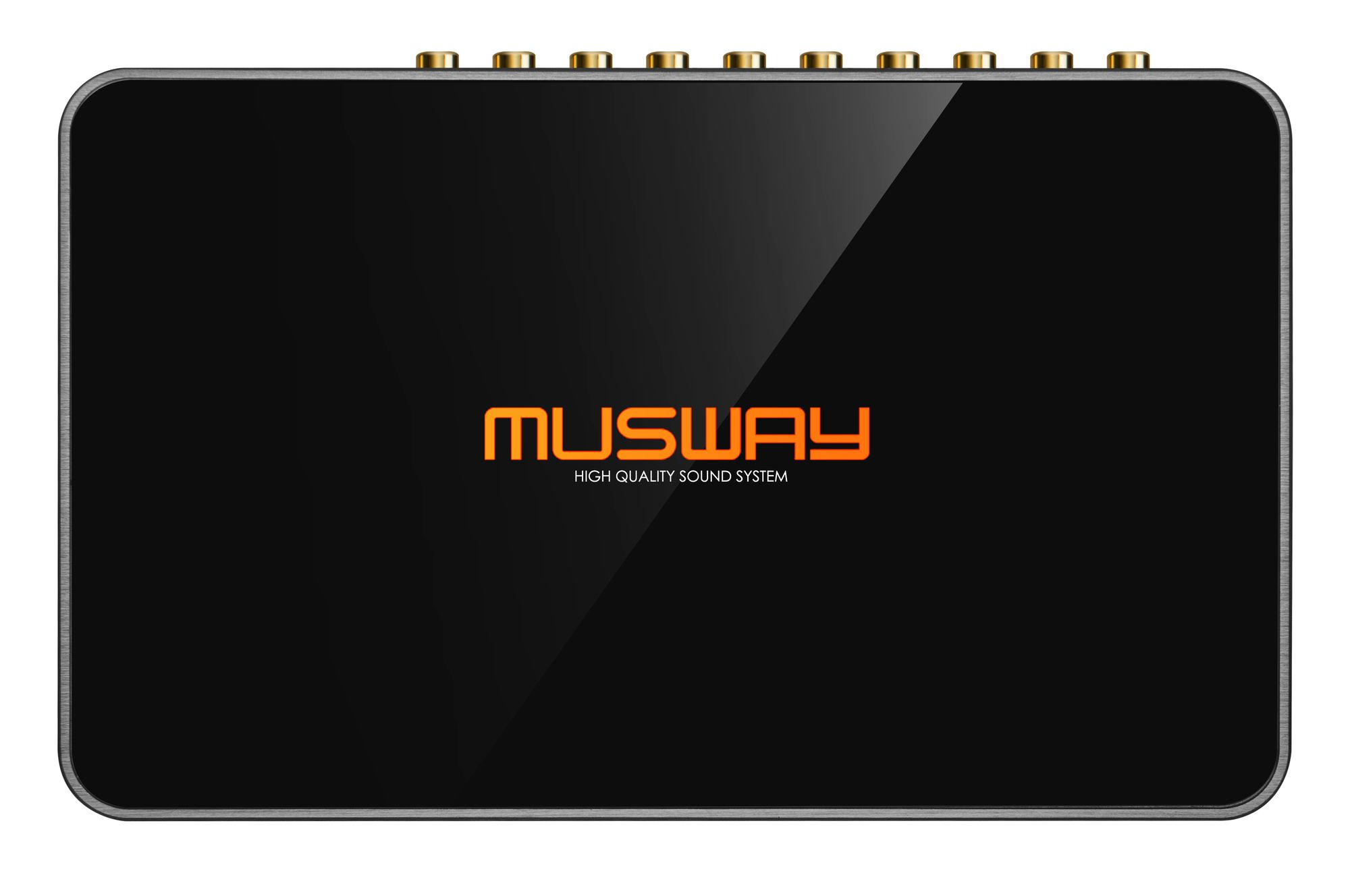 Schwarzes Audiogerät mit orangem Logo und Anschlüssen oben.