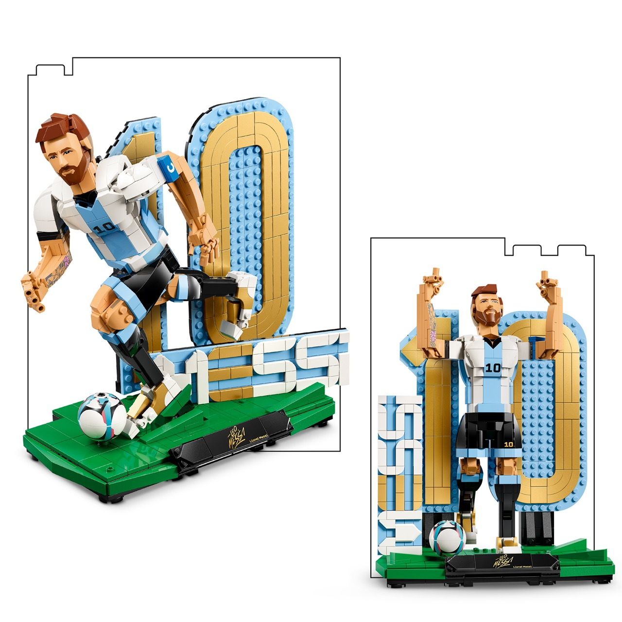 Due figure LEGO di Messi: una calcia un pallone, l'altra festeggia. Entrambe indossano la maglia dell'Argentina.