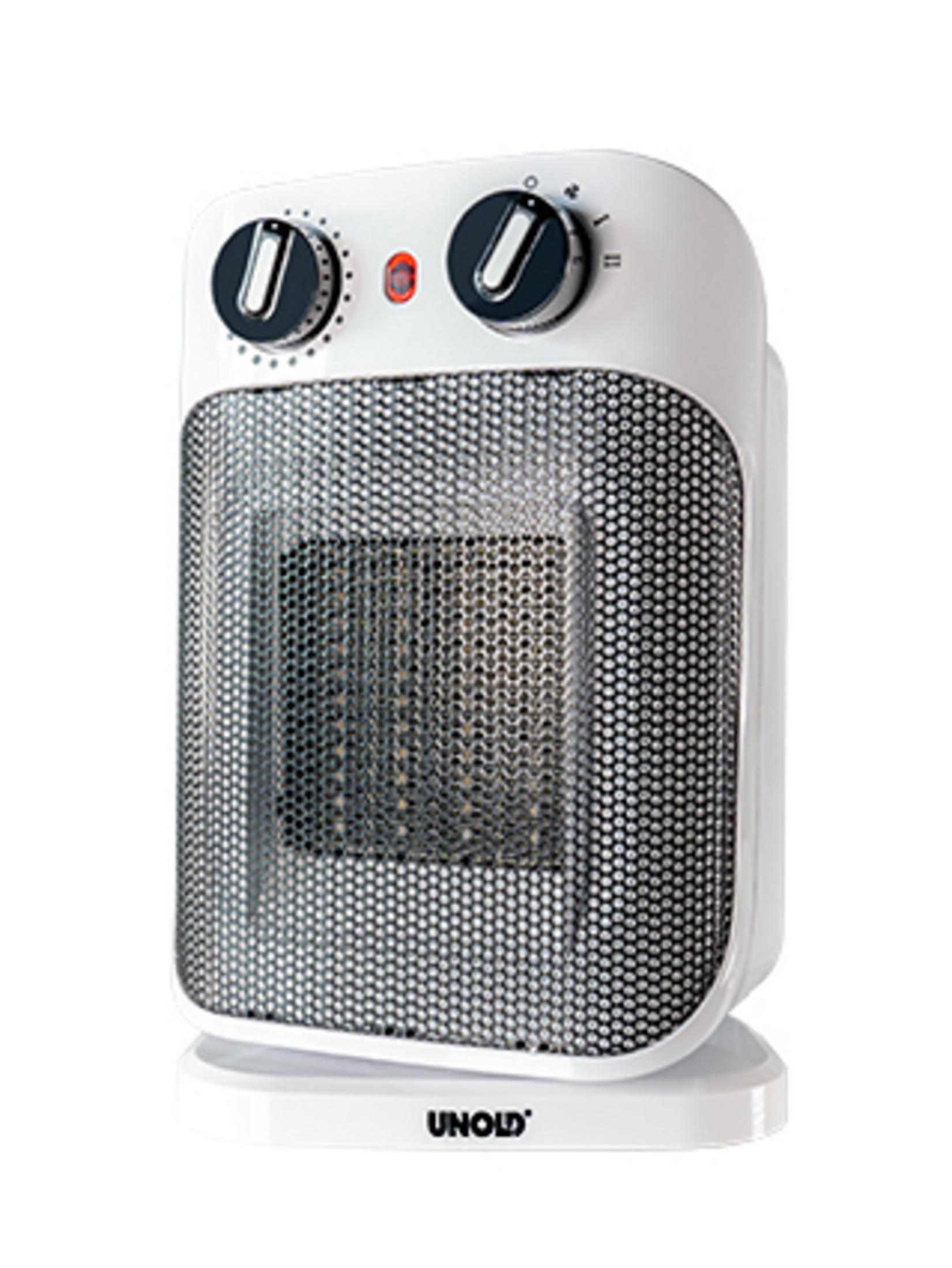 Un termoventilatore ceramico bianco UNOLD con due manopole e una griglia.