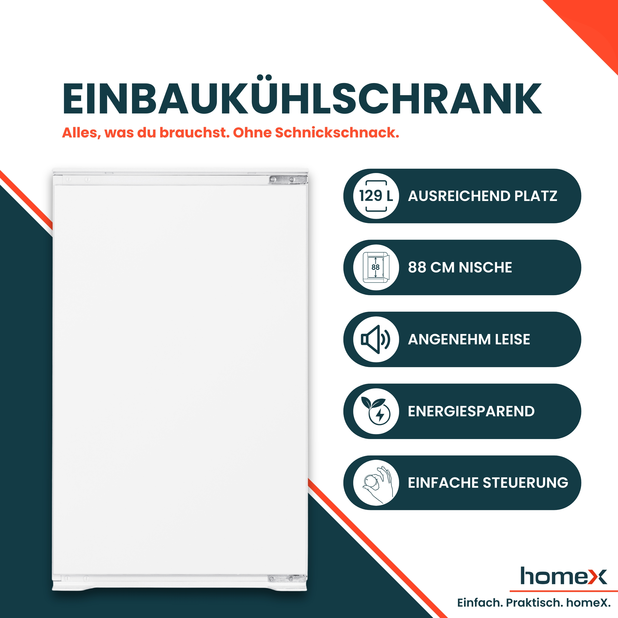 Einbaukühlschrank mit 129L Fassungsvermögen, 88cm Nische, leise, energiesparend.