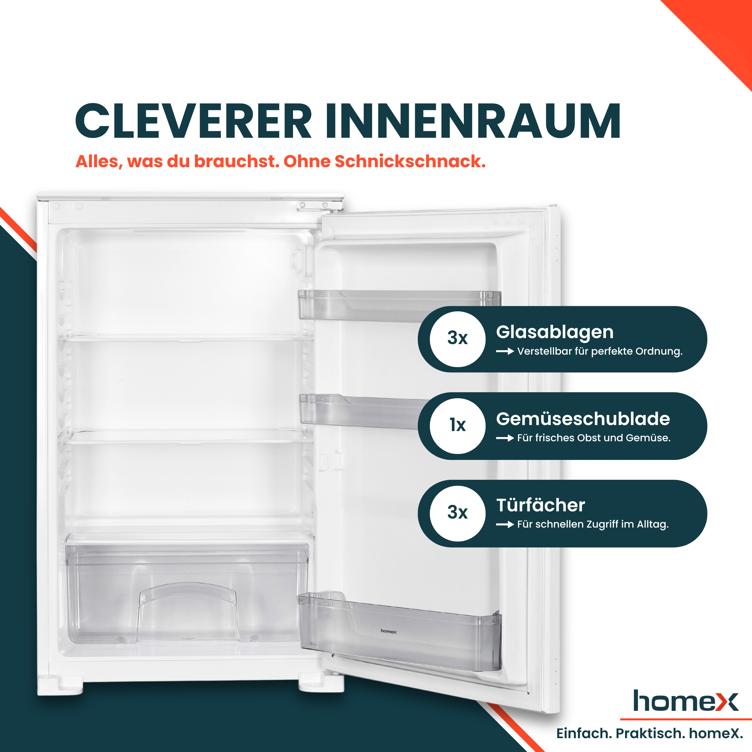 Ein offener weißer Kühlschrank mit Glasablagen, Gemüseschublade und Türfächern.