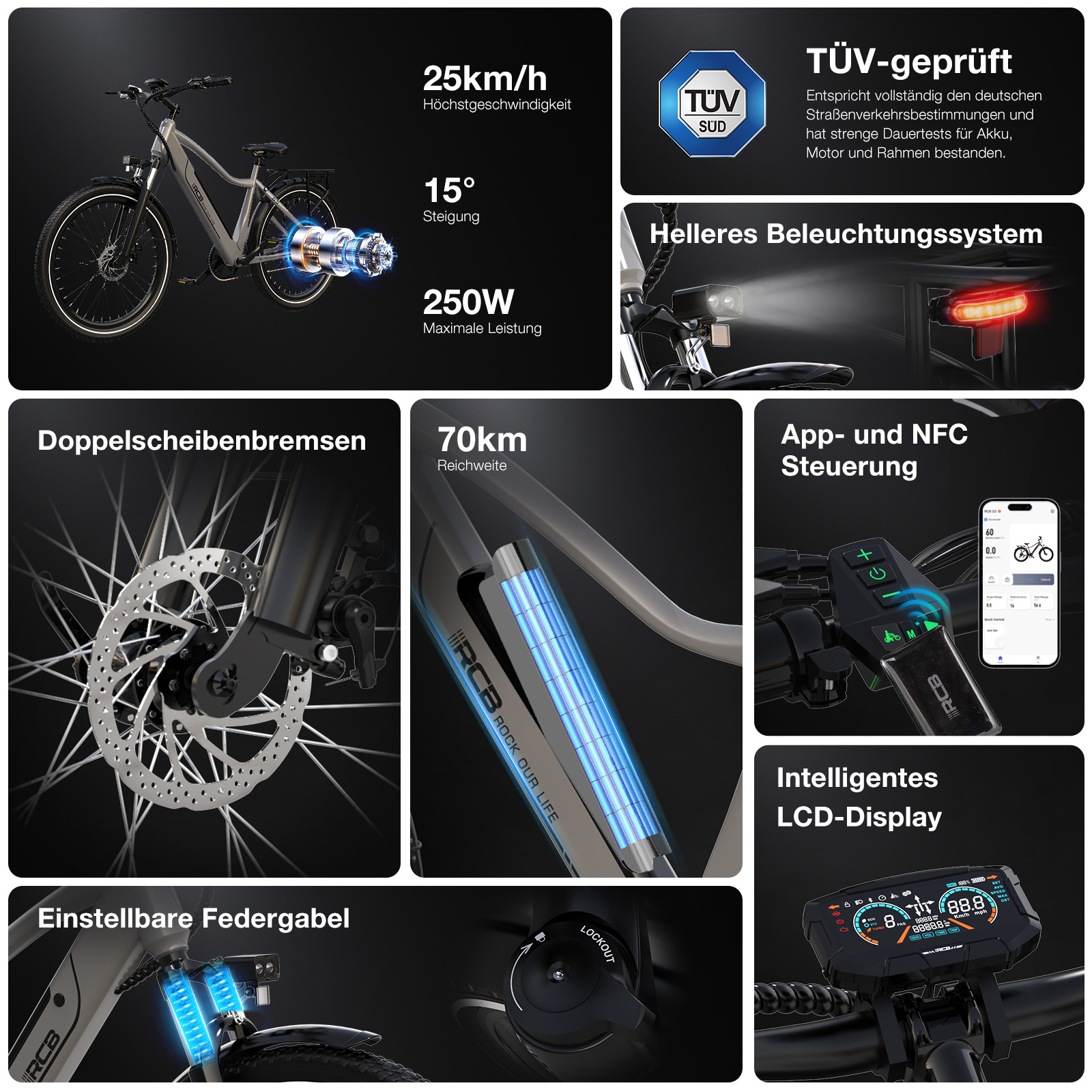 E-Bike-Details: 25km/h, 15° Steigung, 250W, Doppelscheibenbremsen, 70km Reichweite, App-Steuerung.